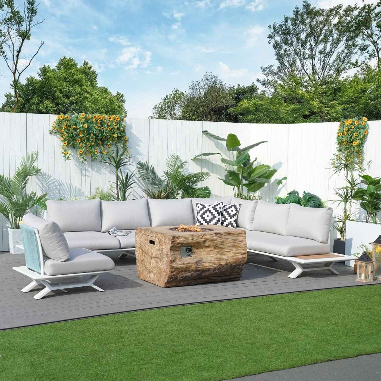 6-Seat Corner Sofa Set with TerraFlame Rectangular Fire Pit Table (PAS-2323WH+2170BR)