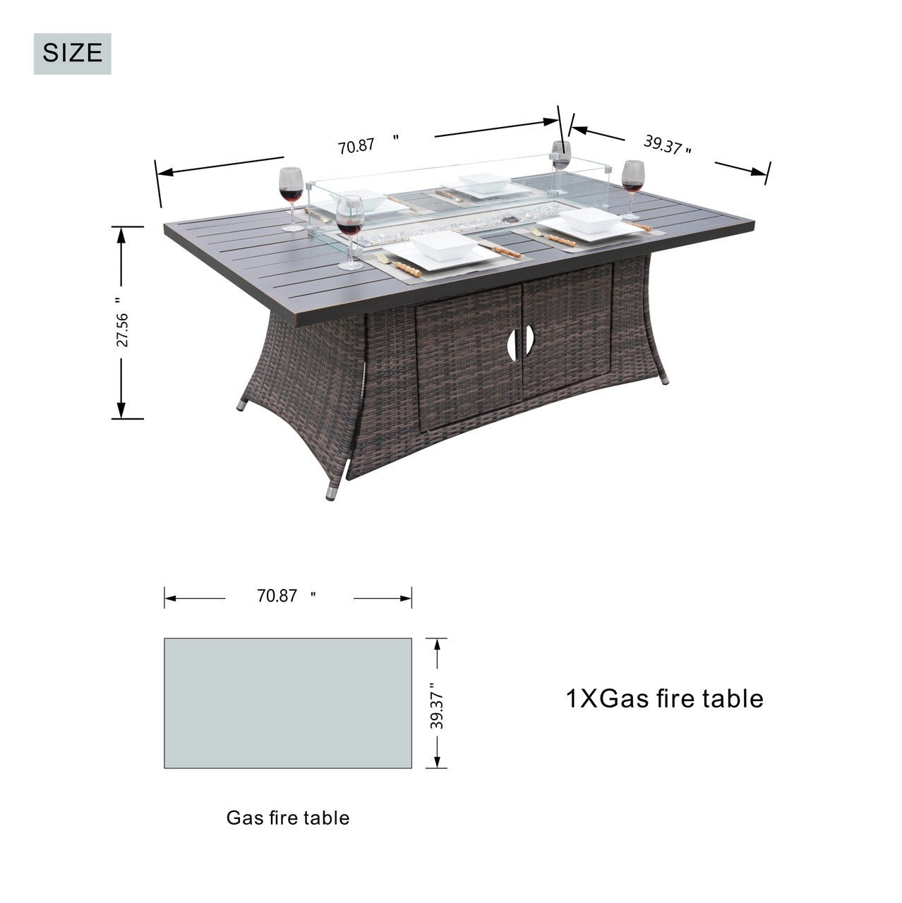 6 - Seat Rectangle Fire Pit Table with Aluminum Top (PAG - 1106RA - T) - Direct Wicker