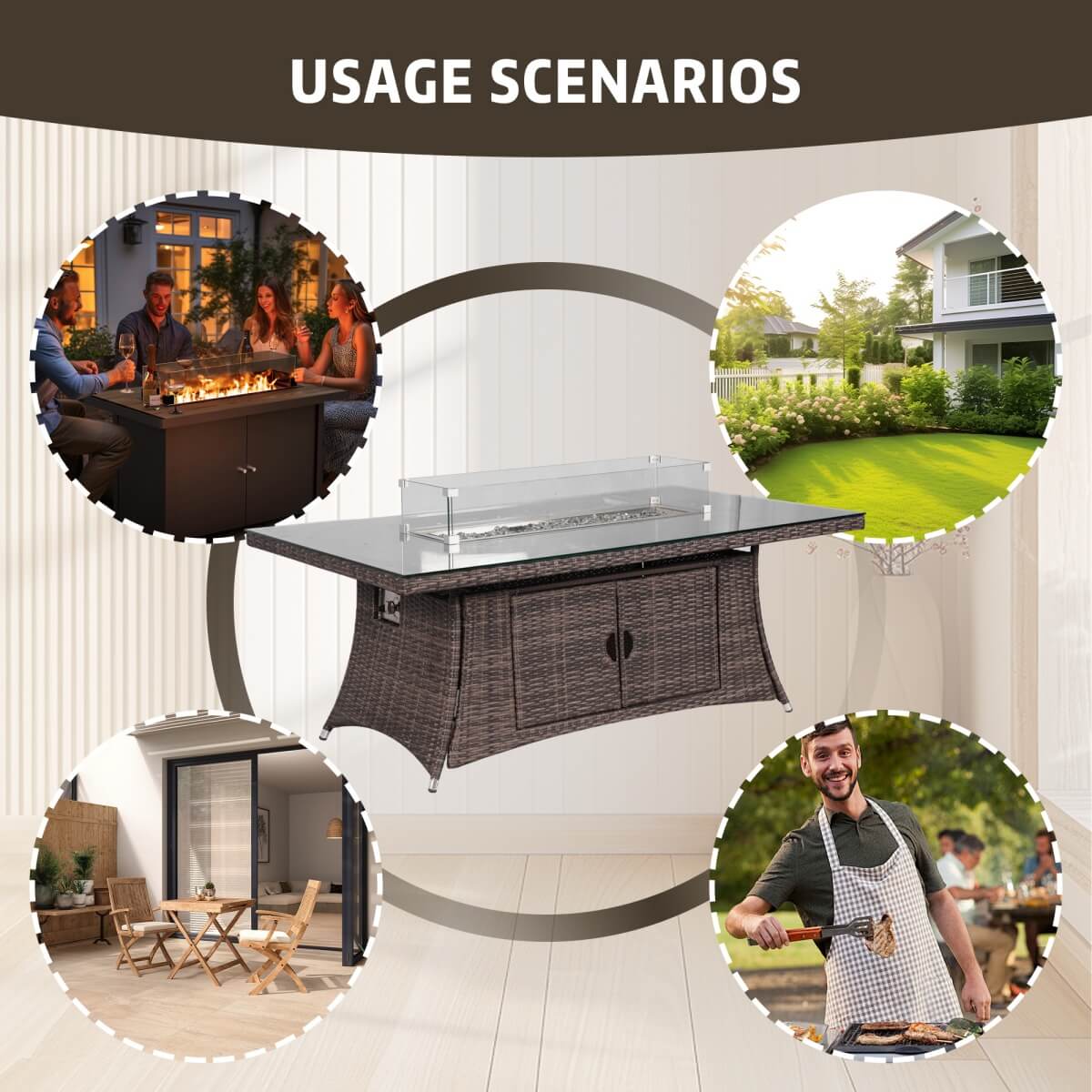 6 - Seat Rectangular Fire Pit Table (PAG - 1106R - T) - Direct Wicker