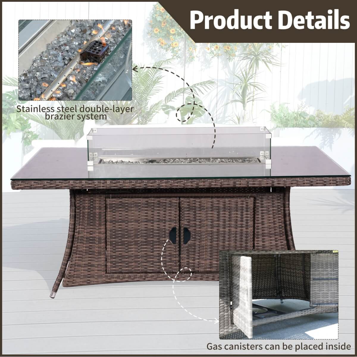 6 - Seat Rectangular Fire Pit Table (PAG - 1106R - T) - Direct Wicker