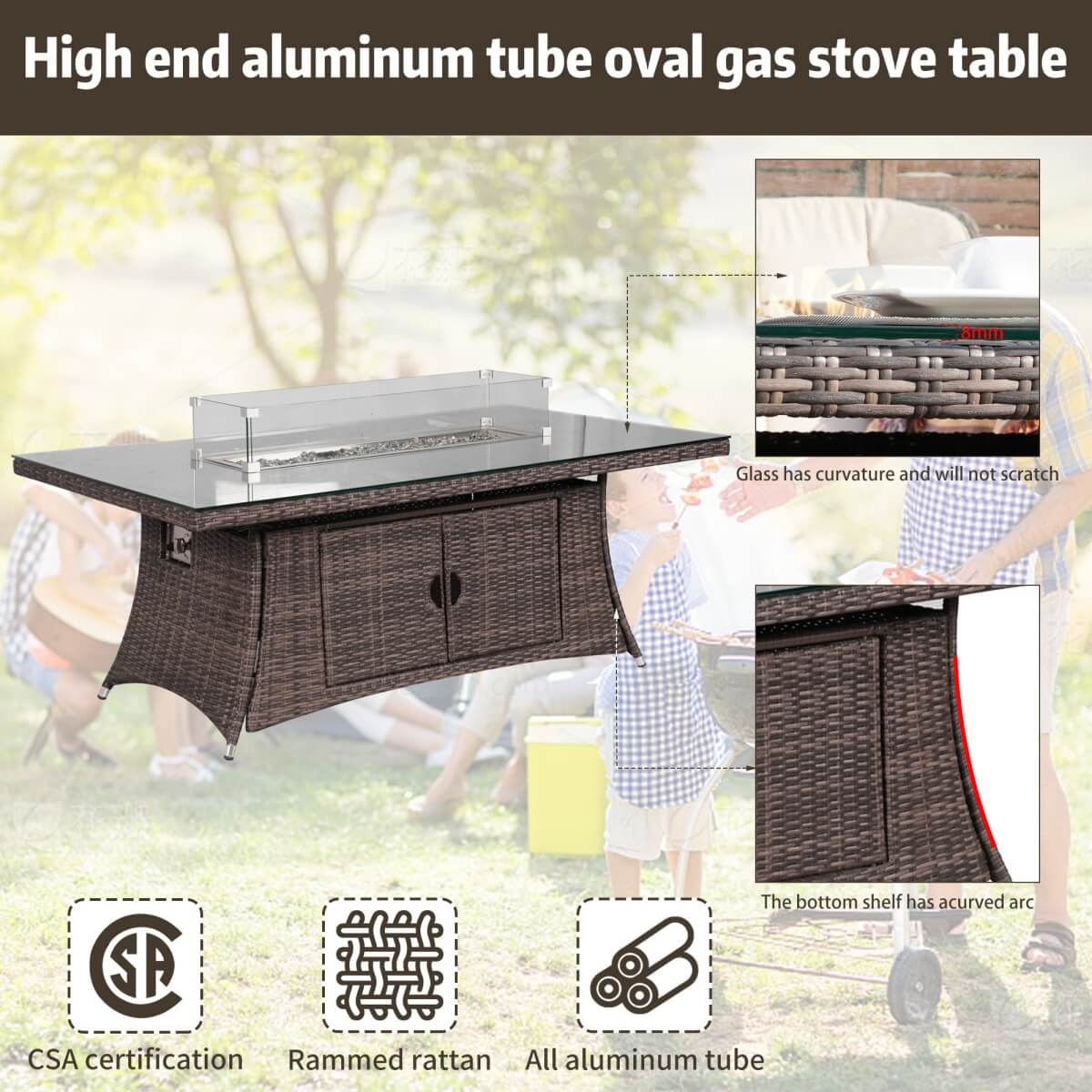 6 - Seat Rectangular Fire Pit Table (PAG - 1106R - T) - Direct Wicker