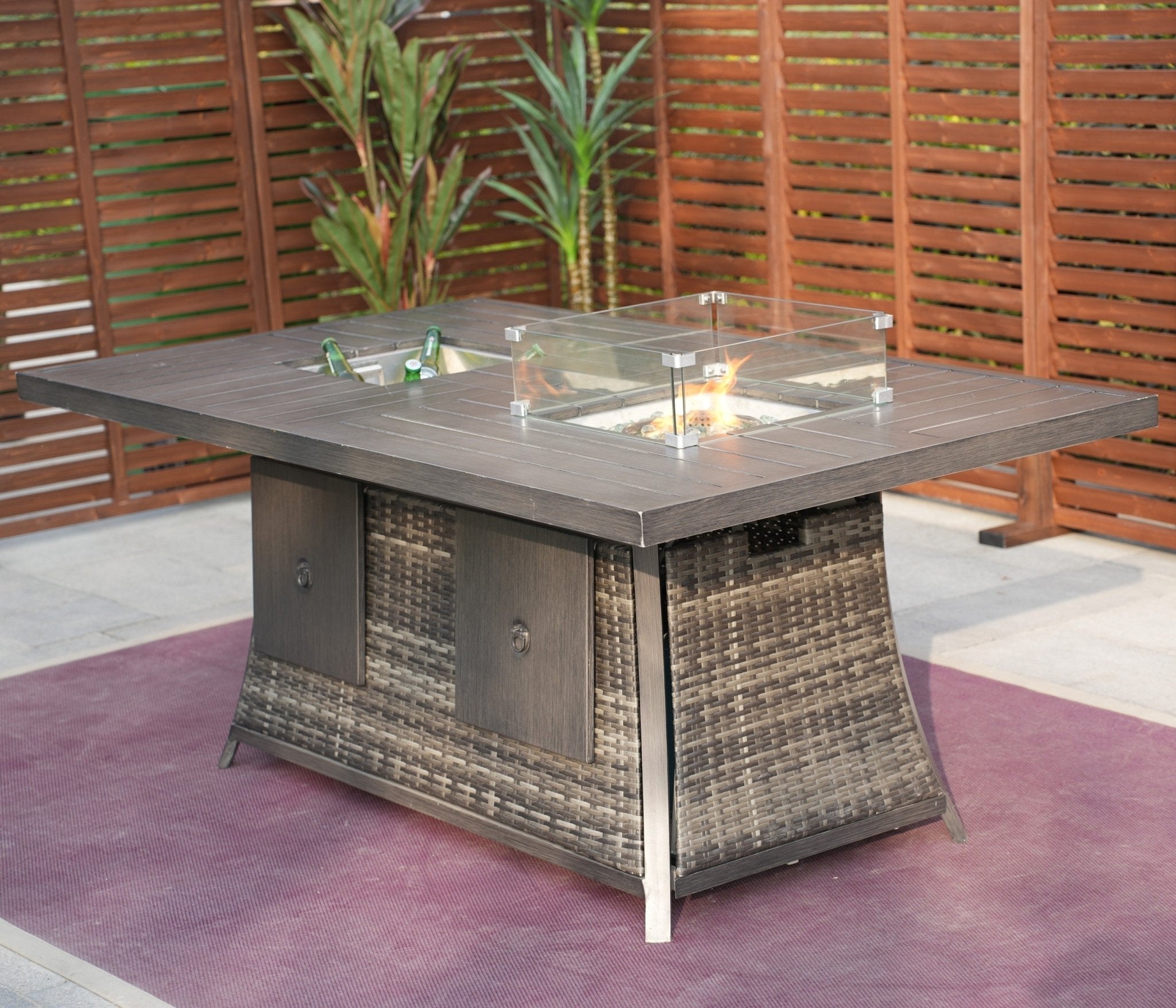 6 - Seat Rectangular Fire Pit Table with Ice Bucket (PAG - 1106FI - T) - Direct Wicker