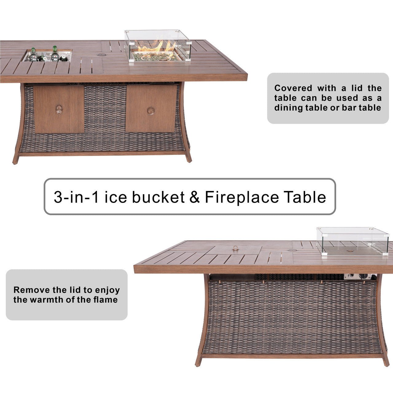 6 - Seat Rectangular Fire Pit Table with Ice Bucket (PAG - 1106FI - T) - Direct Wicker