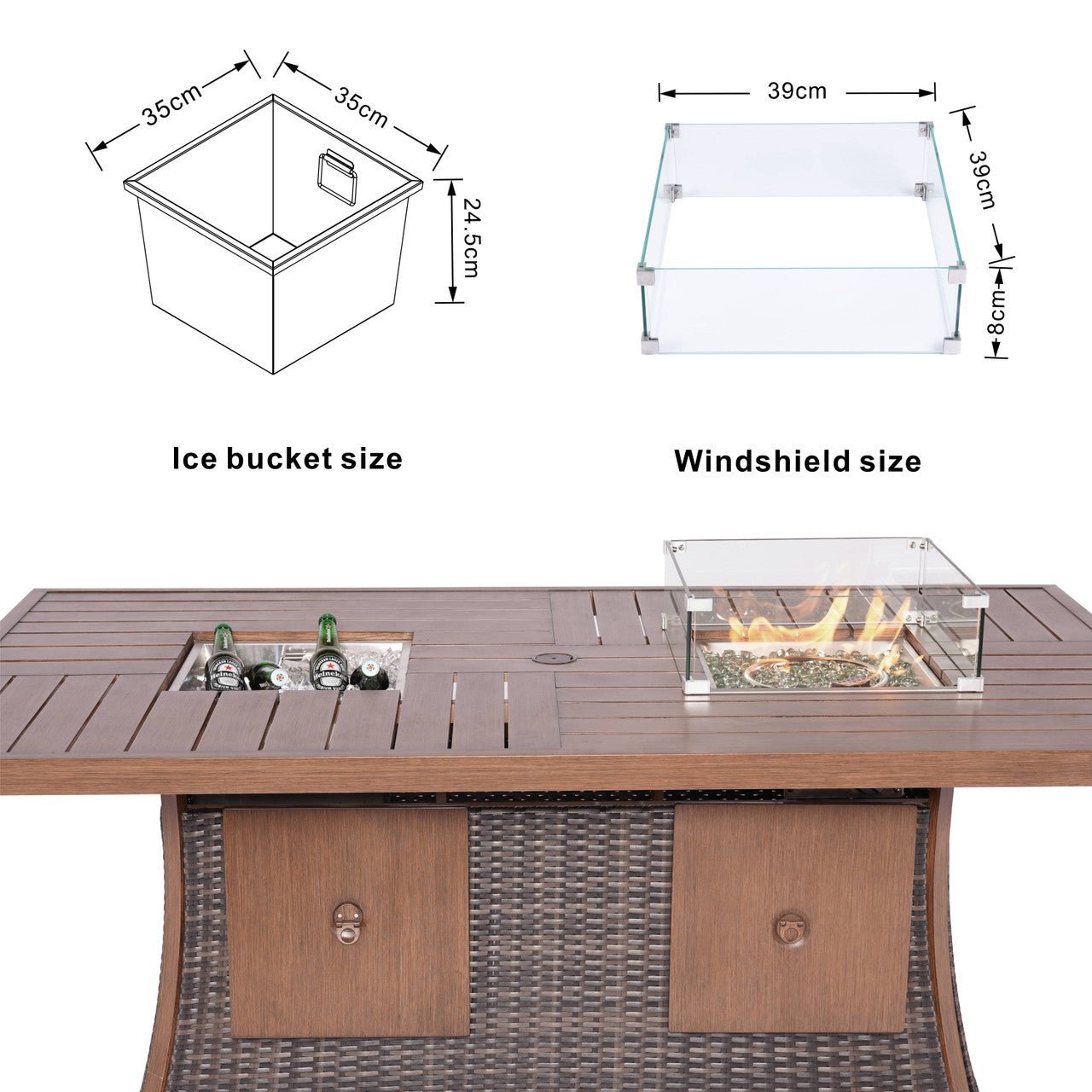 6 - Seat Rectangular Fire Pit Table with Ice Bucket (PAG - 1106FI - T) - Direct Wicker