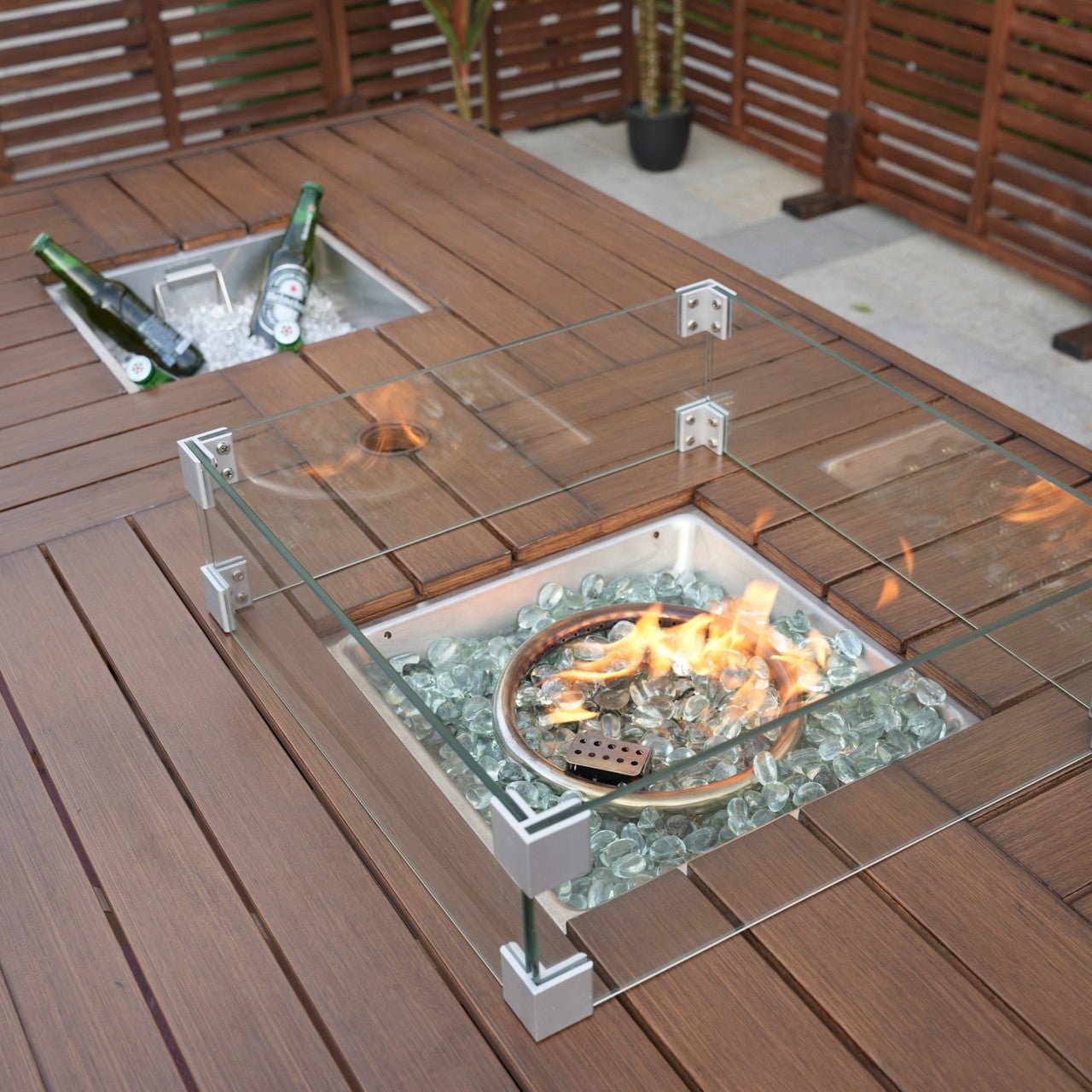 6 - Seat Rectangular Fire Pit Table with Ice Bucket (PAG - 1106FI - T) - Direct Wicker