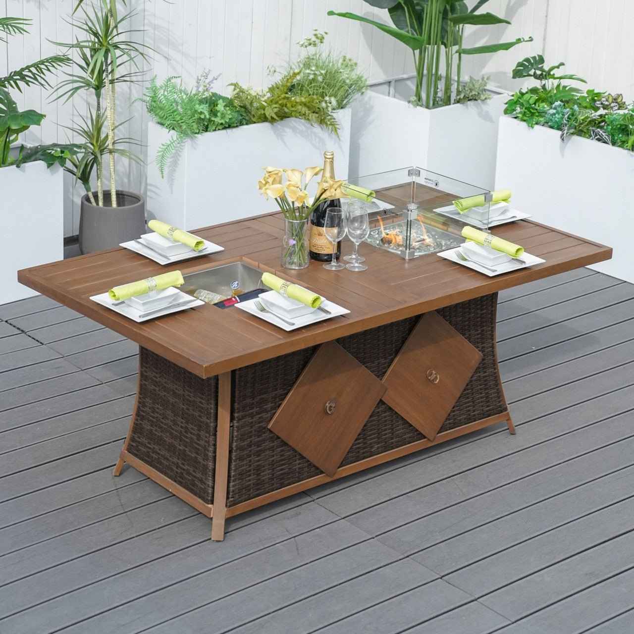 6-Seat Rectangular Fire Pit Table with Ice Bucket (PAG-1106FI-T)
