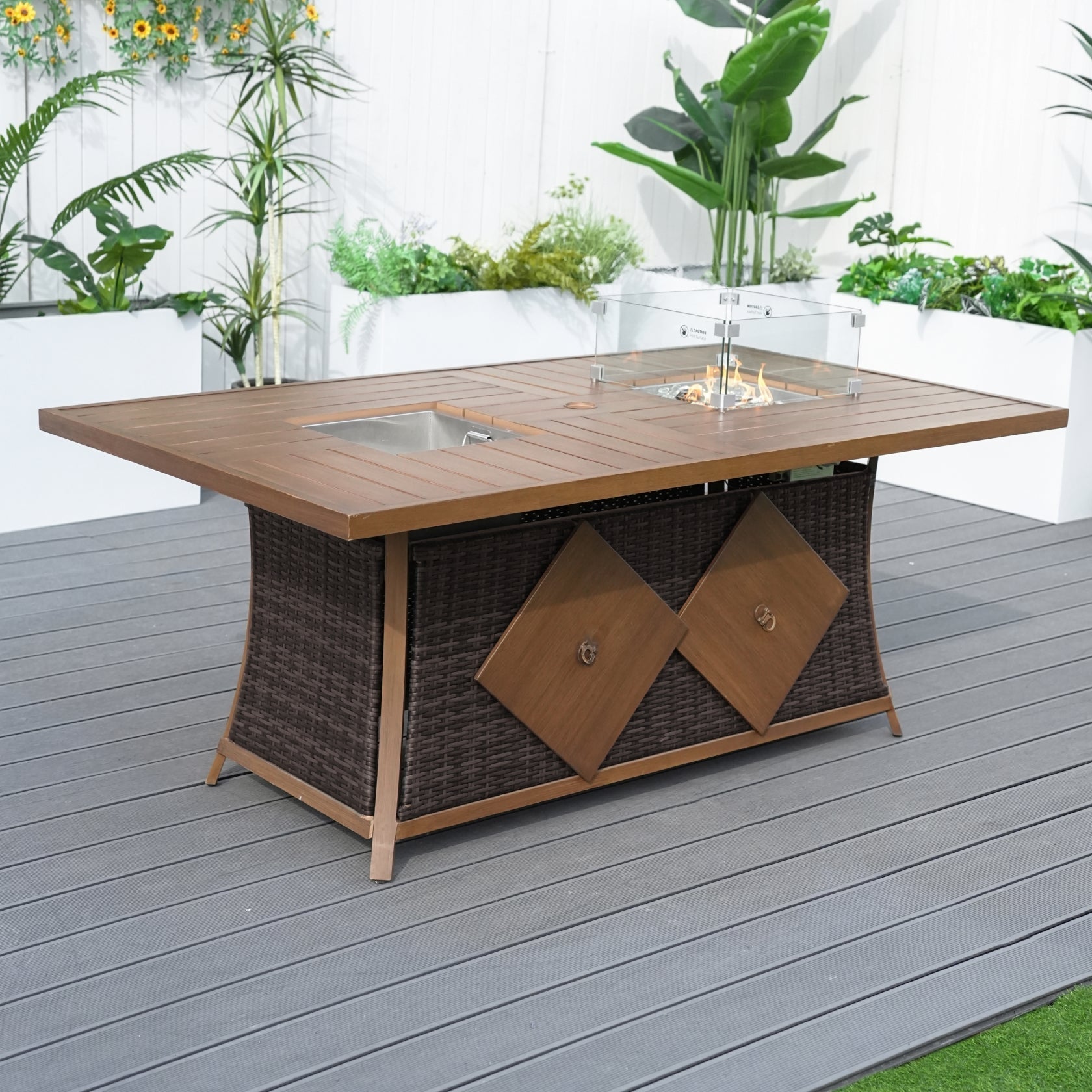 6 - Seat Rectangular Fire Pit Table with Ice Bucket (PAG - 1106FI - T) - Direct Wicker