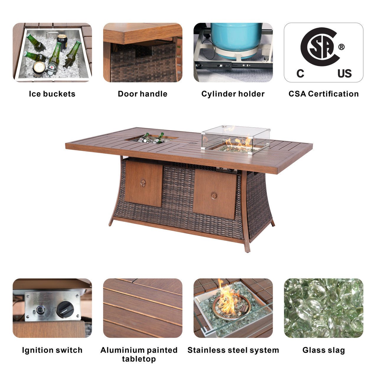 6 - Seat Rectangular Fire Pit Table with Ice Bucket (PAG - 1106FI - T) - Direct Wicker