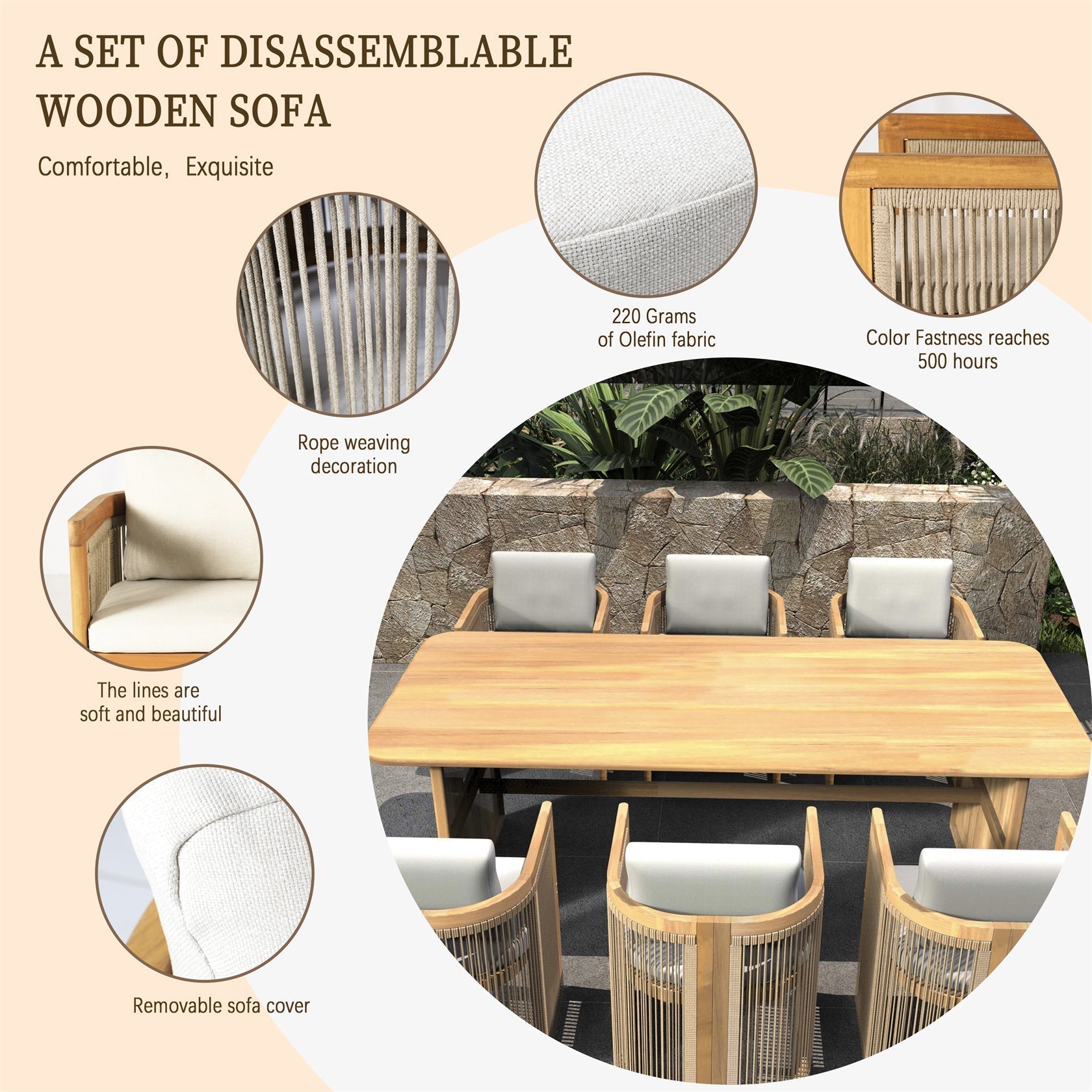 6 - Seater Outdoor Dining Table Set with 6 Chairs - Solid Wood Dining Set(PAD - 2517) - Direct Wicker