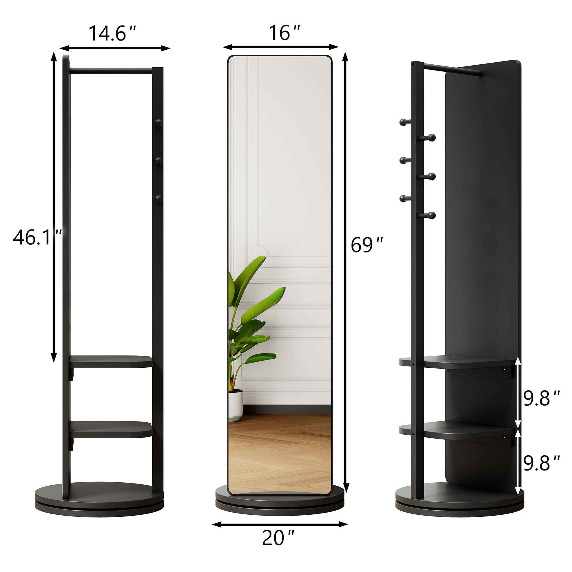 360° Rotating 69'x20' Multifunctional Full Length Mirror with Hook Storage Rack Coat Rack with Mirror Solid Wood Floor Mirror Bedroom Living Room Cloakroom Space Saving (black)