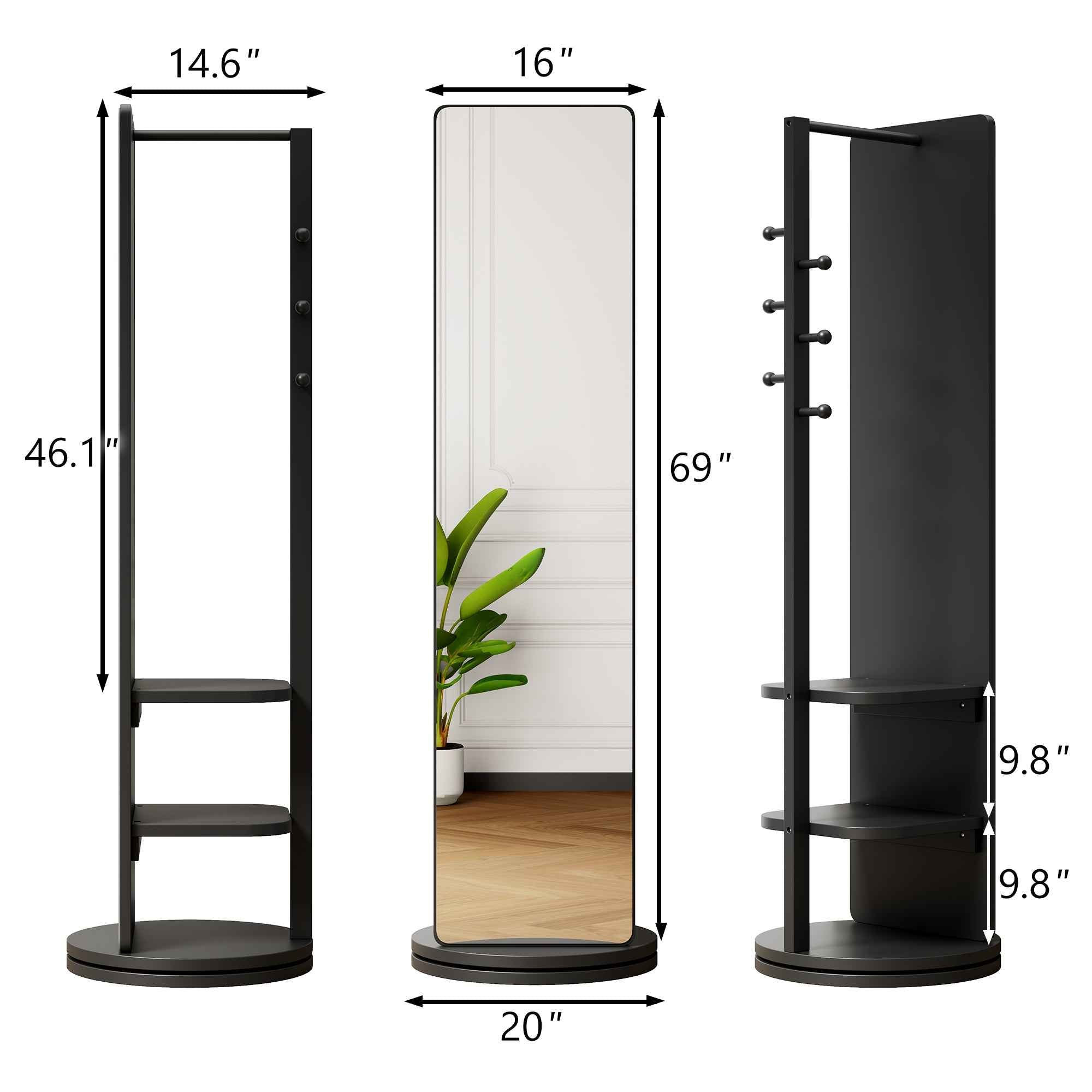 360° Rotating 69'x20' Multifunctional Full Length Mirror with Hook Storage Rack Coat Rack with Mirror Solid Wood Floor Mirror Bedroom Living Room Cloakroom Space Saving (black)