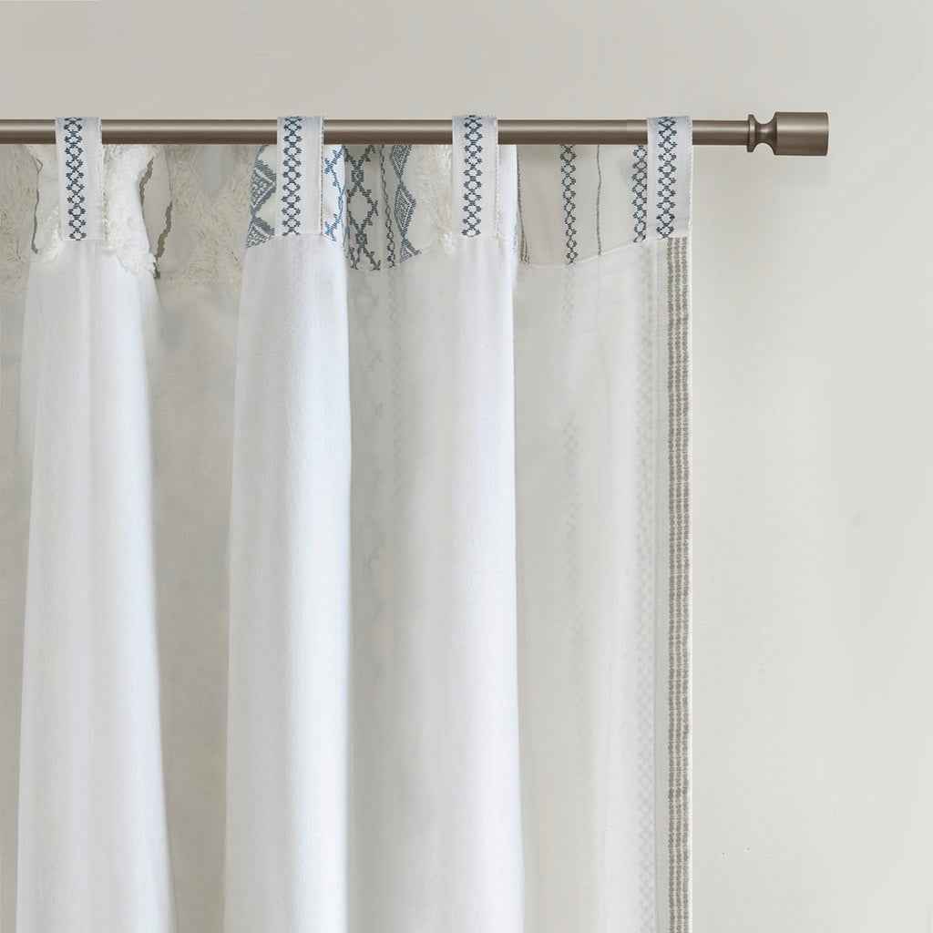 Cotton Printed Curtain Panel with Chenille Stripe and Lining White/Navy 50x95'