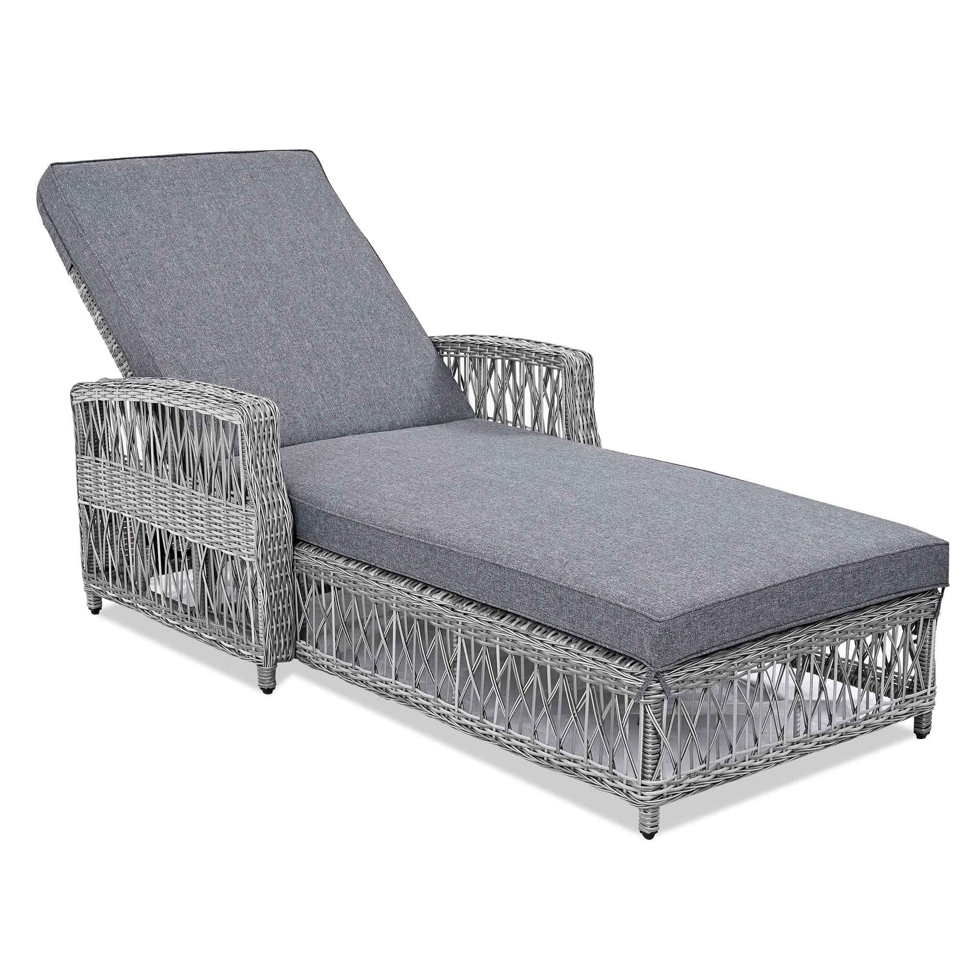 GO Outdoor Long Reclining Chaise, Wicker Lounge with Armrests, Patio Adjustable Recliner with Soft Removable Cushions, All Weather Rattan Pool Lounge for Poolside & Garden, Gray