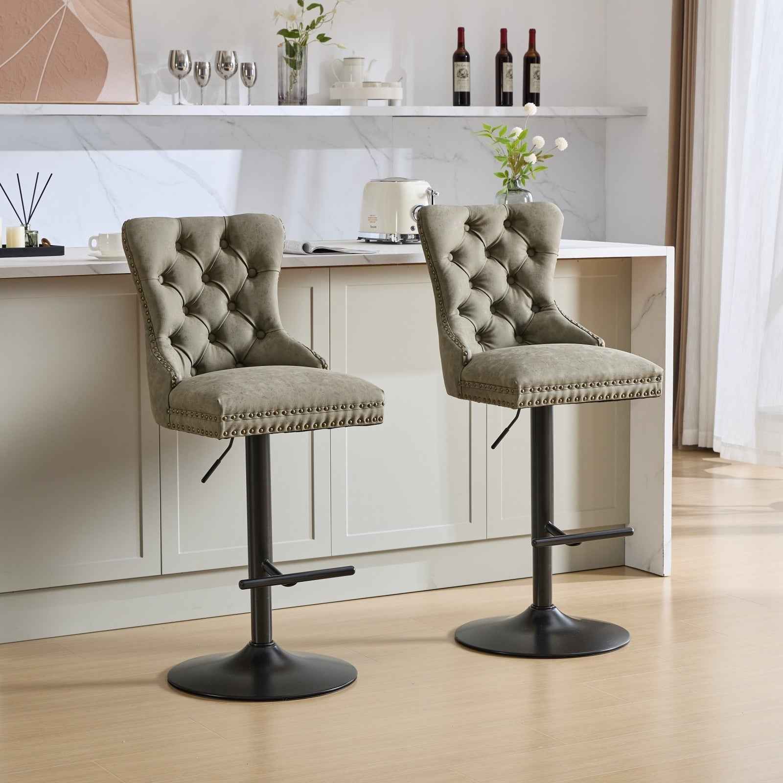 A&A Furniture,Aged and Retro PU Swivel Barstools Adjusatble Seat Height from 26-33 Inch, Modern Bar Stools with Backs Comfortable Tufted for Home Pub and Kitchen Island (Olive Green,Set of 2)