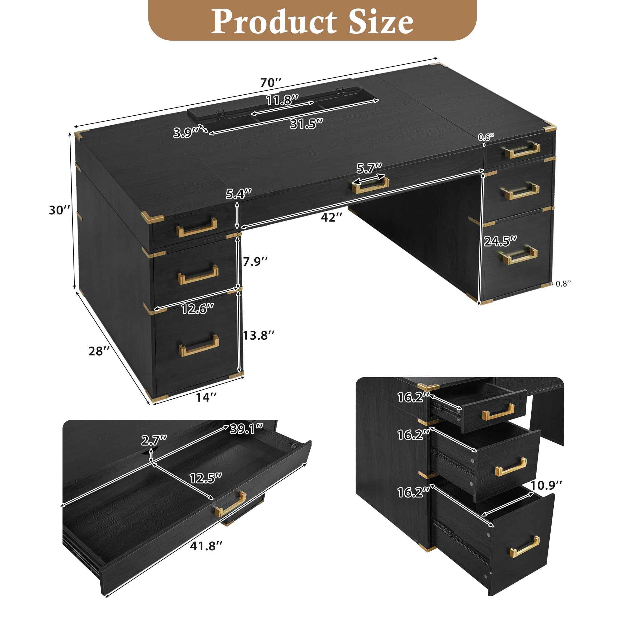 70' Extra-Large Classic and Traditional Executive Desk with Metal Edge Trim ,Writing Desk with 2 file drawers,USB Ports and Outlets,Desk with Hidden Compartment for Living Room,Home Office,Study Room,