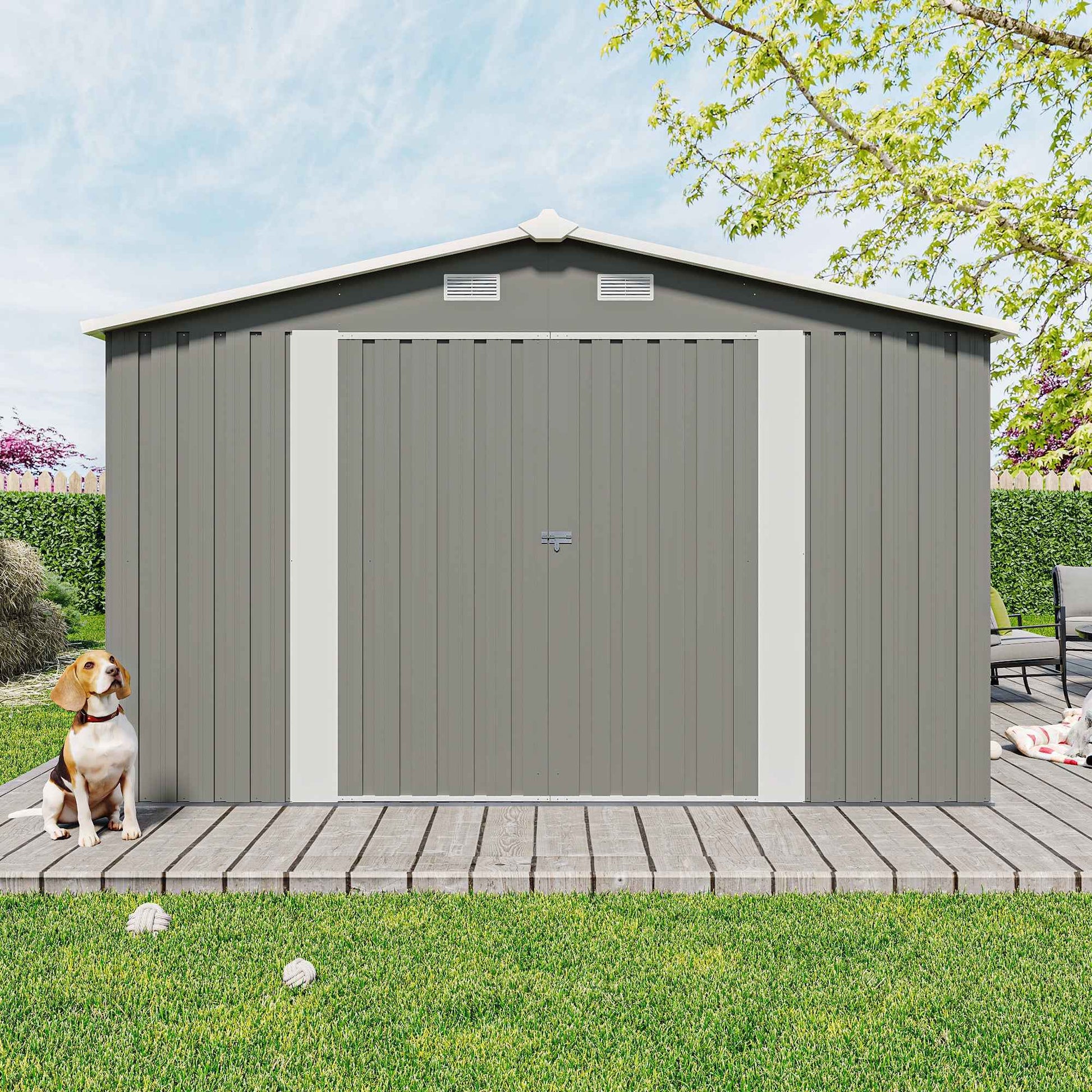 Campcraft  Outdoor Storage Shed 10×14 FT with 3 Lockable Doors,4 Air Vents & Sloped Roof,Utility Tool Shed Metal Storage Garden Sheds  Frame and 4 Vents,for Backyard,Patio,Lawn,Light Grey
