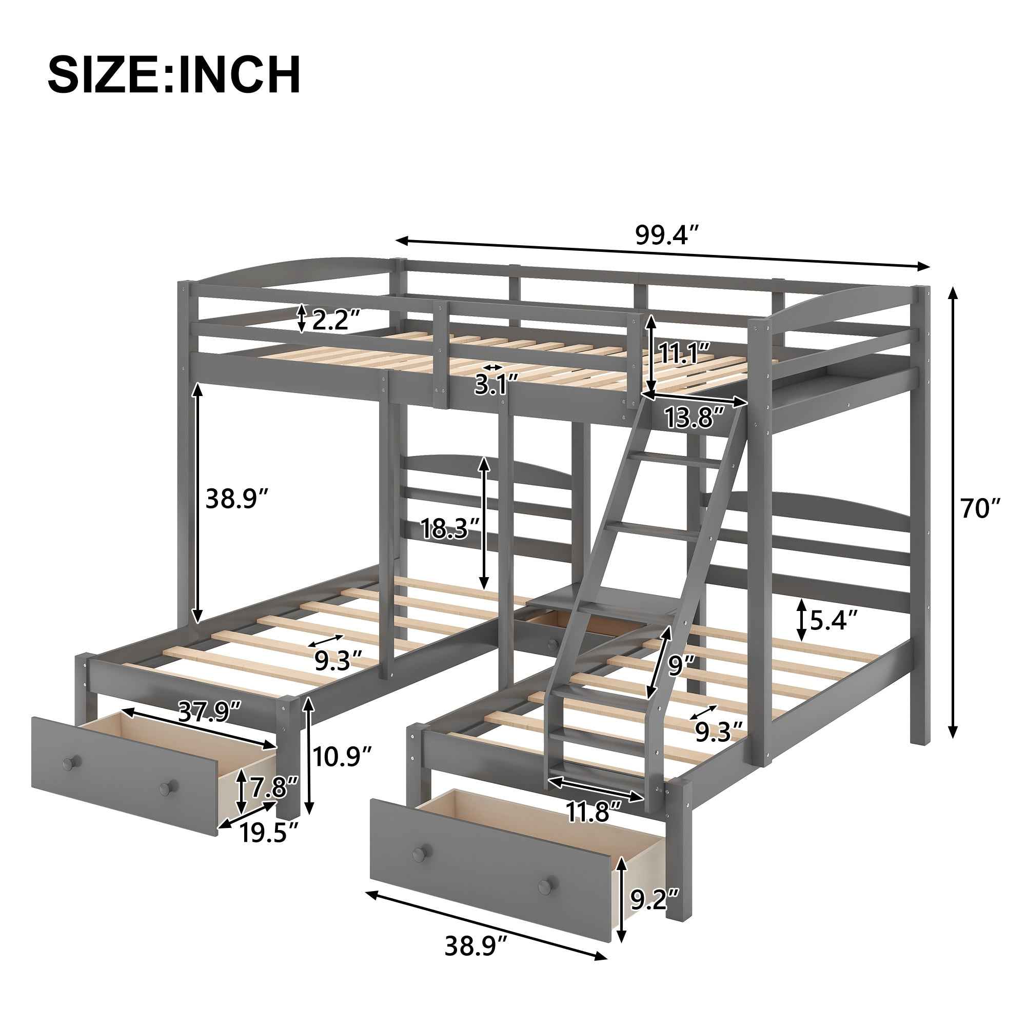 Full over Twin & Twin, Triple Bunk Bed with Drawers, Grey