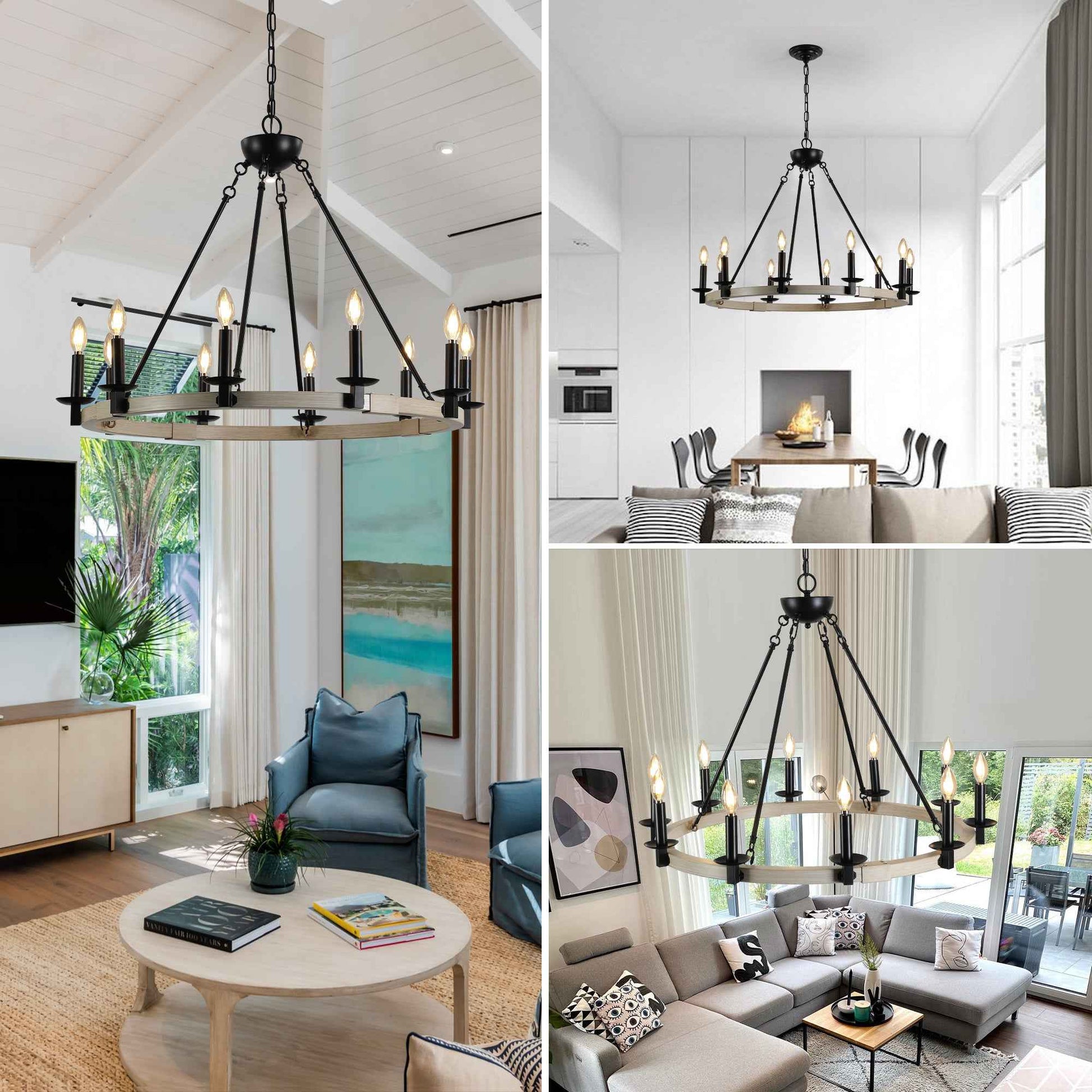 32' Rustic Farmhouse 10-Light Candle Chandelier, Black Metal and Wood Round Hanging Light Fixture for Dining Room, Kitchen, Living Room, Adjustable Height, E12 Bulb Base (No Bulbs)