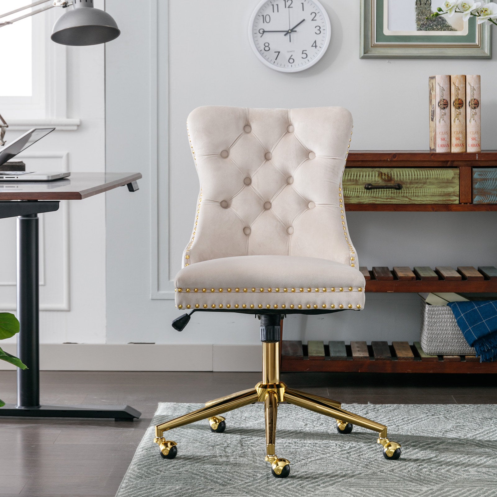 A&A Furniture Office Chair,Velvet Upholstered Tufted Button Home Office Chair with Golden Metal Base,Adjustable Desk Chair Swivel Office Chair (Beige)