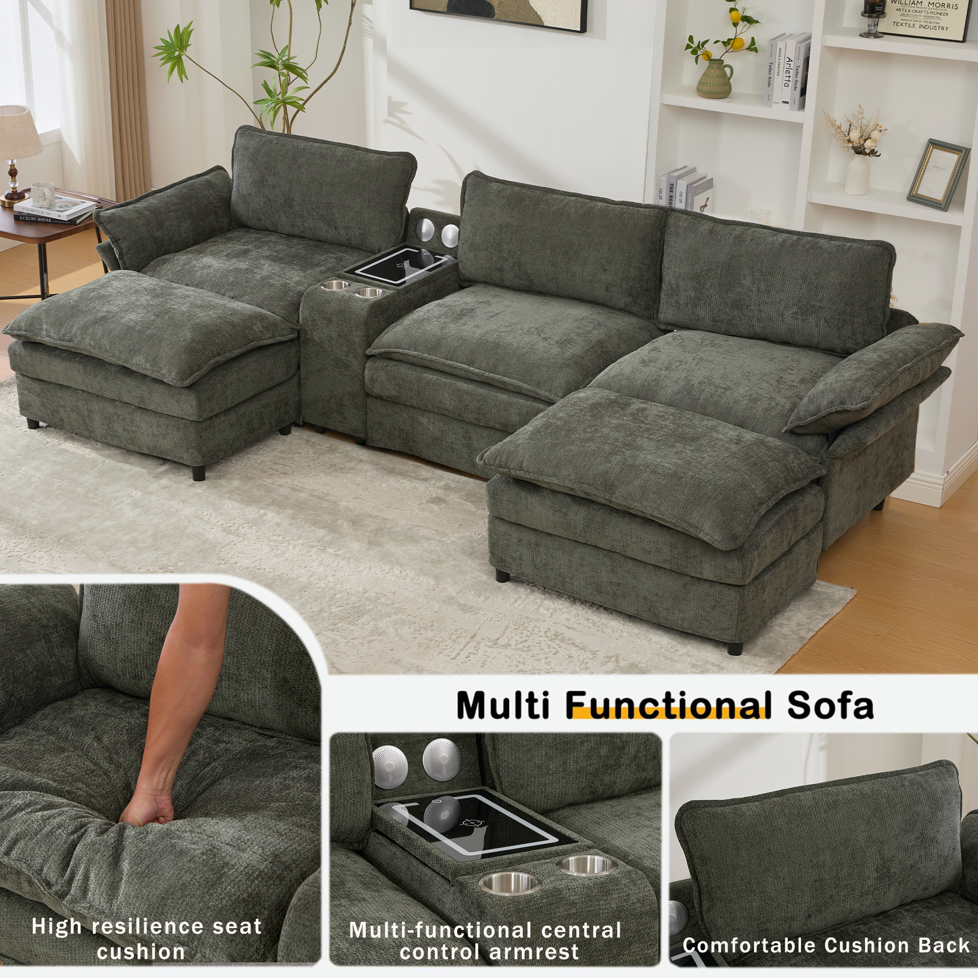 [NEW ARRIVED] [VIDEO PROVIDED]U Shaped Modular Sectional Sofa,Storage Console & Wireless Charging,2 Cup Holders,Bluetooth Speakers,2 Movable Footstools,Adjustable handrail,Movable seat,Chenille,Green