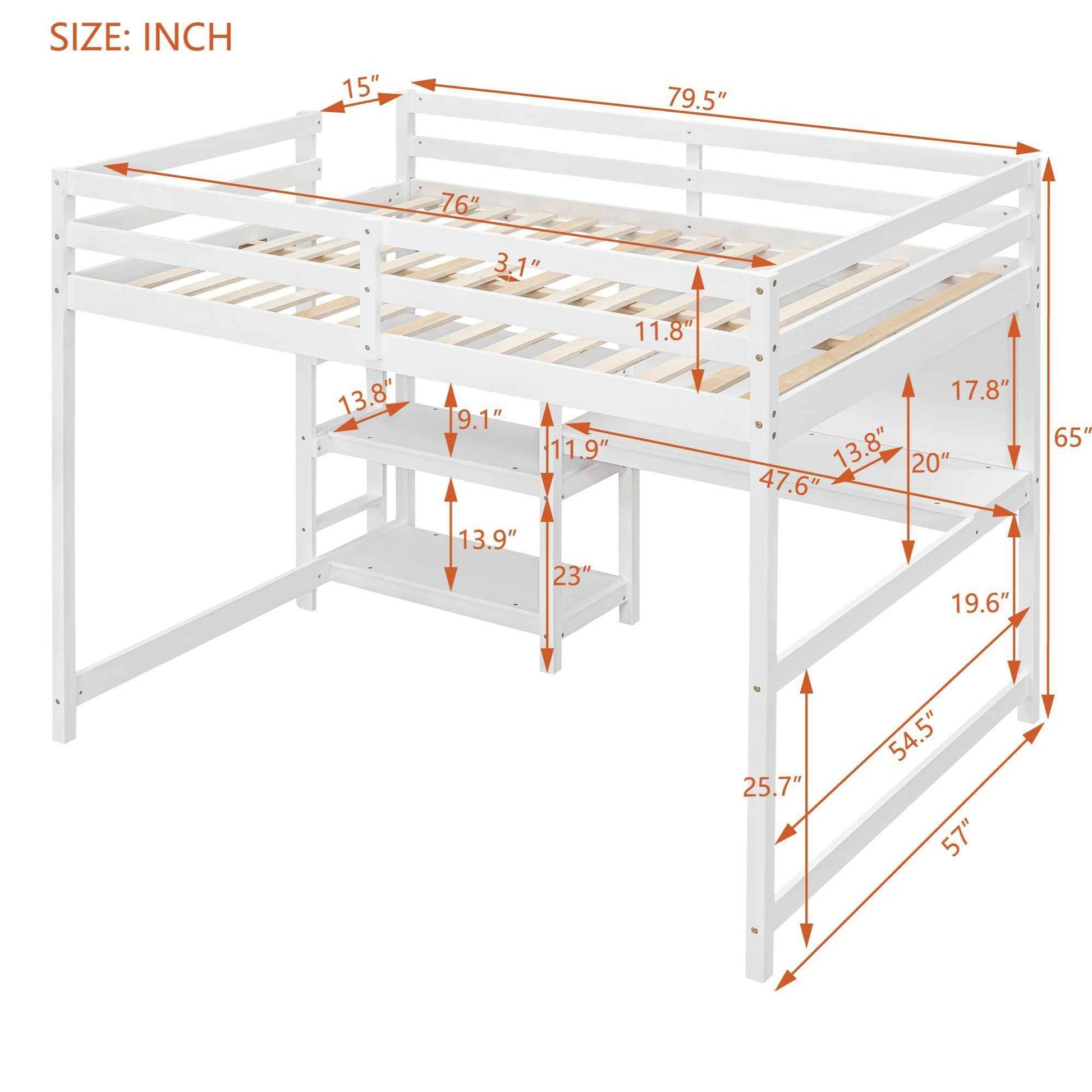 Hearth & Haven Chloe Full Loft Bed with Shelves, Desk and Writing Board, White