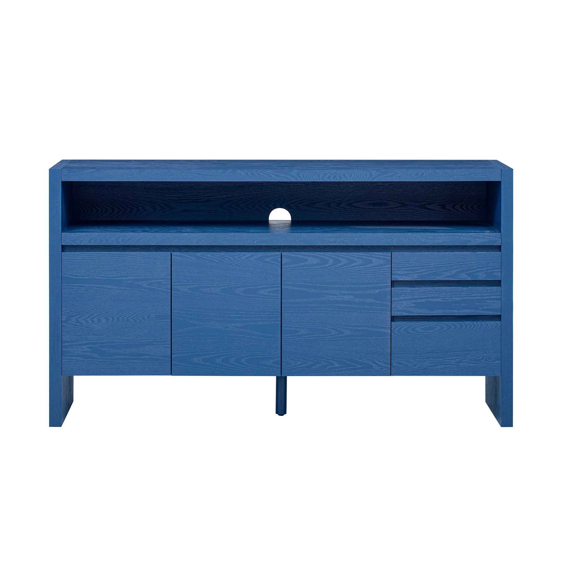 U_Style 60' 3-Door Sideboard with 3 Drawers - Modern Solid Ash Veneer MDF Sideboard, Semi-Open Shelf & Center Semi-Circular Cutout in Back Panel, Large Storage Cabinet for Living Room, Hallway, Dining