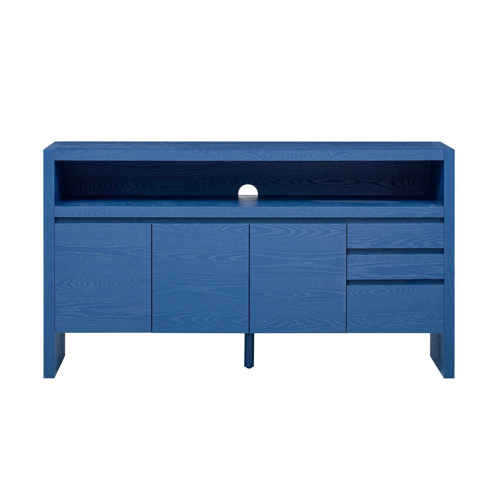 U_Style 60' 3-Door Sideboard with 3 Drawers - Modern Solid Ash Veneer MDF Sideboard, Semi-Open Shelf & Center Semi-Circular Cutout in Back Panel, Large Storage Cabinet for Living Room, Hallway, Dining