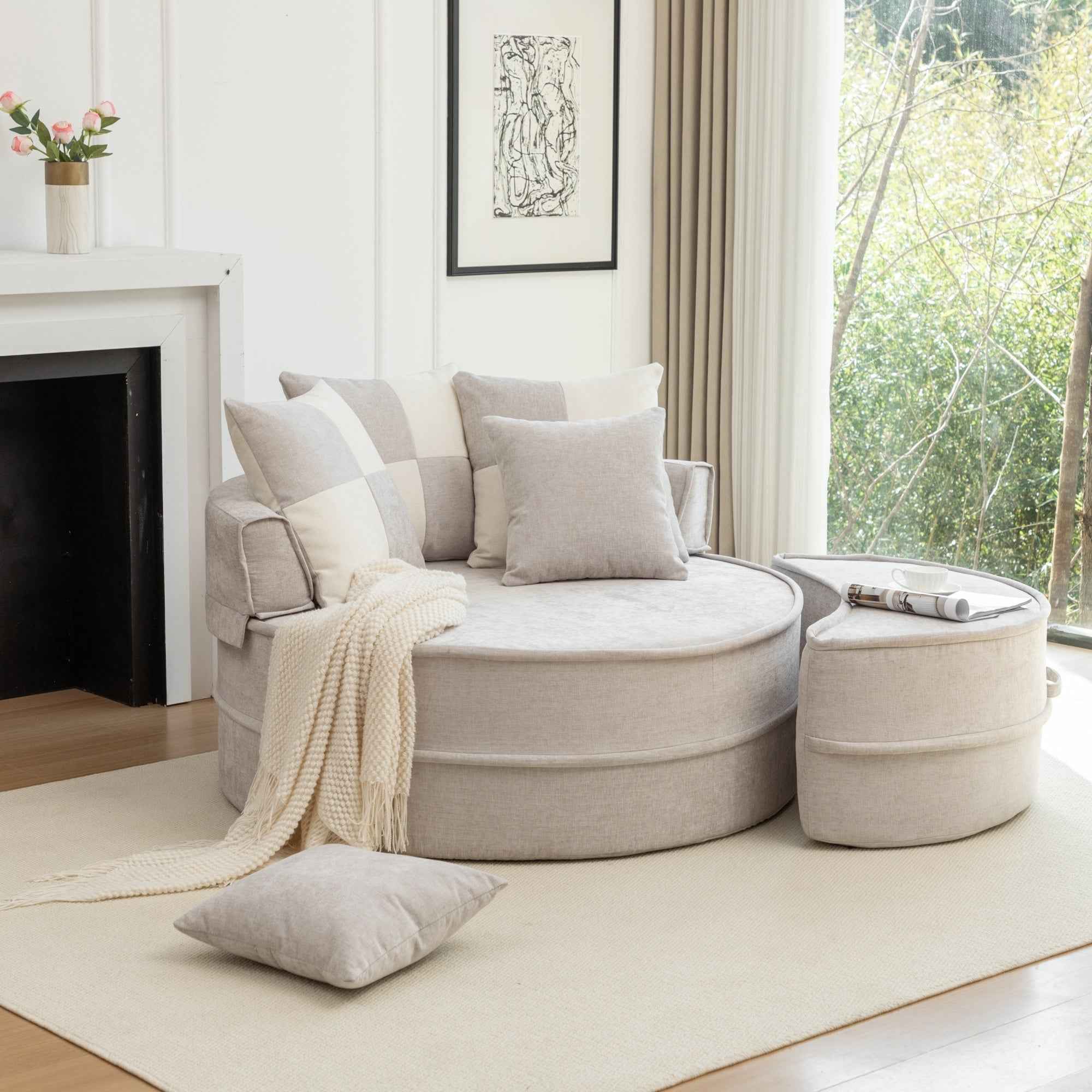 Modern Oversized  Gray Round Barrel Accent Chair with Ottoman – Velvet Upholstered Lounge Armchair with 5 Pillows for Living Room or Bedroom