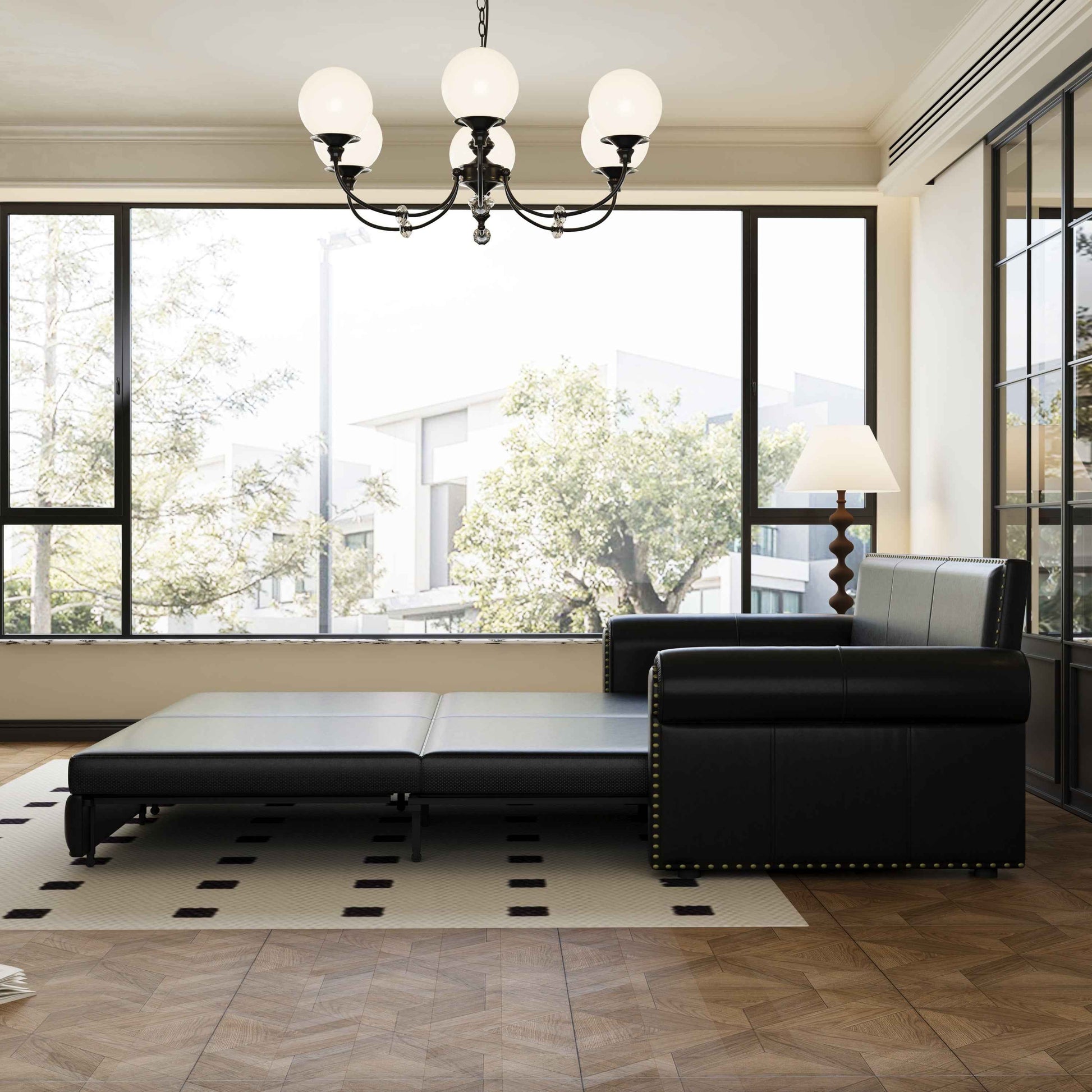 93.7 ' Pull Out Sofa Bed, 3-in-1 Faux Leather Convertible Sleeper Sofa with Nailhead Trim & Rolled Arm,Multi-Functional Sofa Bed for Living Room,Bedroom,Apartment,Office,Balck