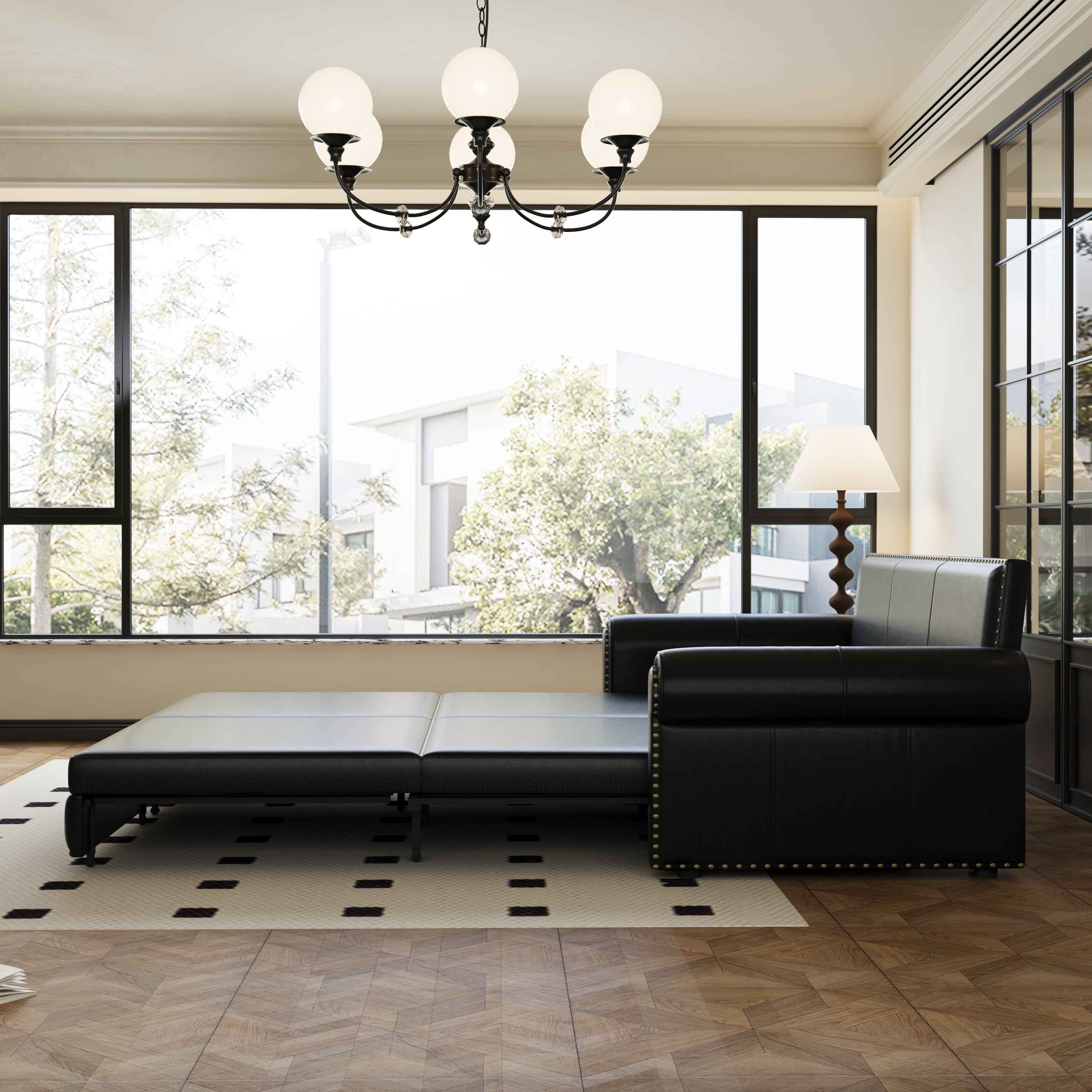 93.7 ' Pull Out Sofa Bed, 3-in-1 Faux Leather Convertible Sleeper Sofa with Nailhead Trim & Rolled Arm,Multi-Functional Sofa Bed for Living Room,Bedroom,Apartment,Office,Balck