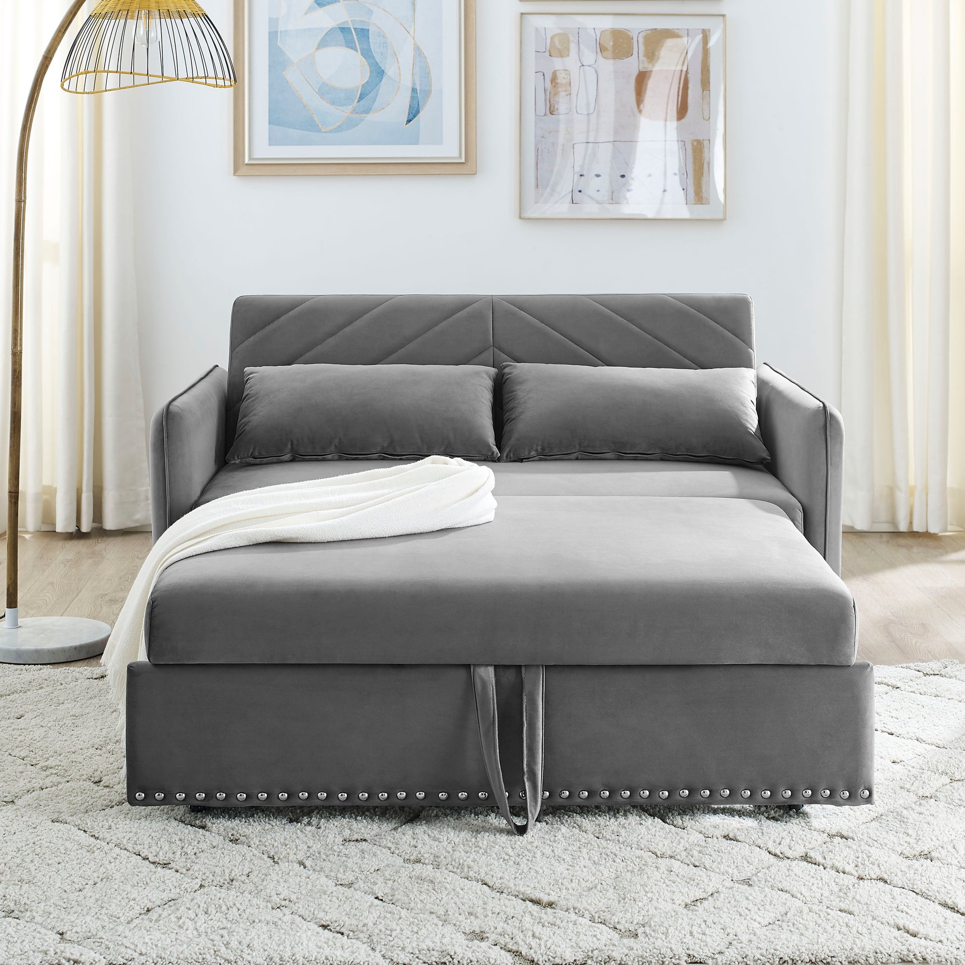 MH' Sleeper Sofa Bed w/USB Port, 3-in-1 adjustable sleeper with pull-out bed, 2 lumbar pillows and side pocket, soft velvet convertible sleeper sofa bed, suitable for living room bedroom - Abrihome