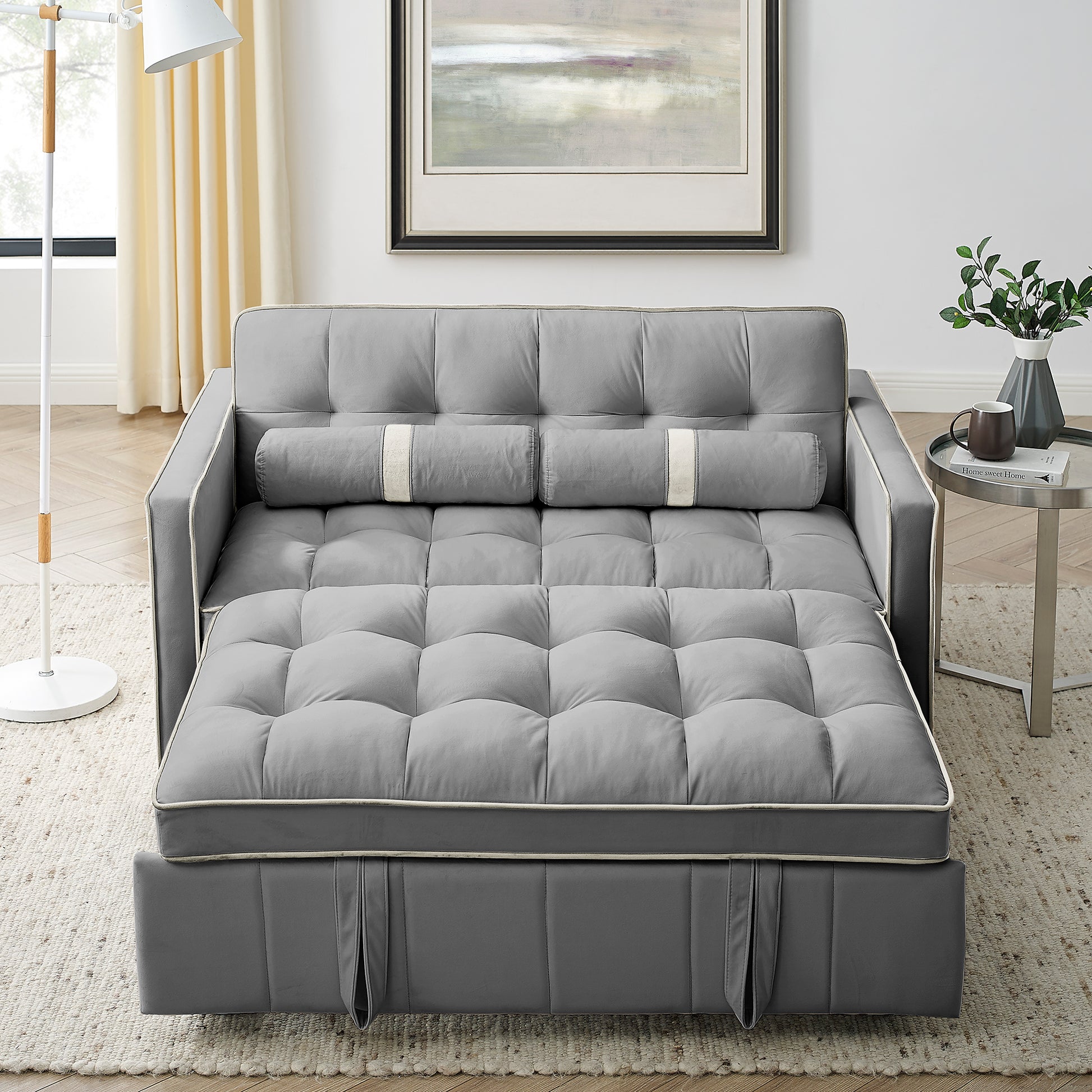 Modern 55.5' Pull Out Sleep Sofa Bed 2 Seater Loveseats Sofa Couch with side pockets, Adjsutable Backrest and Lumbar Pillows for Apartment Office Living Room - Abrihome