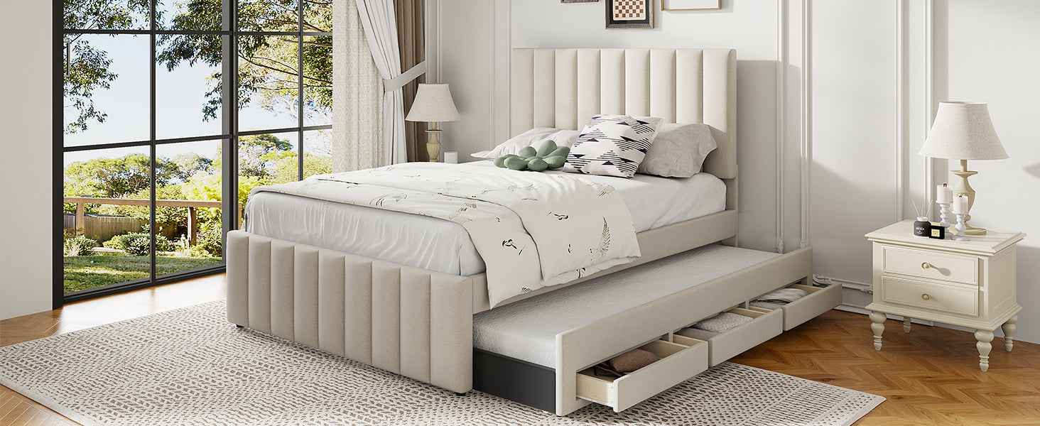 Full Size Upholstered Platform Bed with Twin Size Trundle and 3 Drawers, Linen Fabric, Beige
