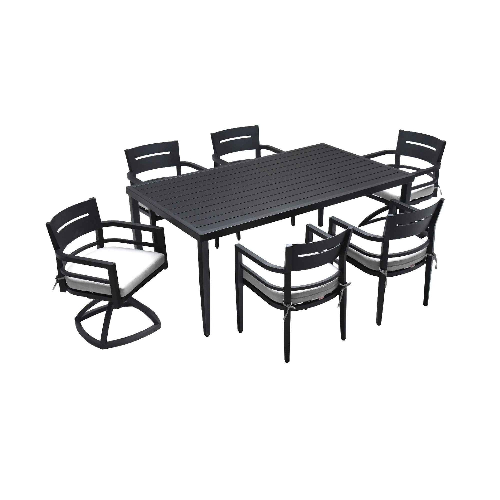 7-Piece Outdoor Patio Aluminum Furniture, Modern Dining Set, including 4 Dining Chairs & 2 Swivel Rockers Sunbrella Fabric Cushioned and Rectangle Dining Table with Umbrella Hole, Ember Black