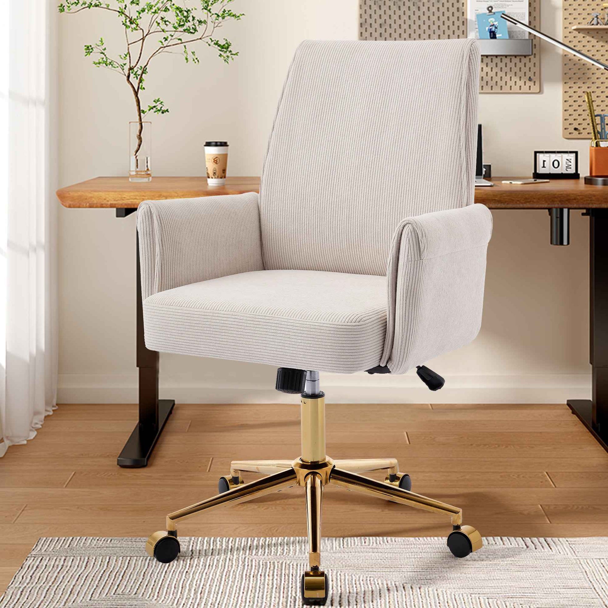 Ergonomic Mid-Back Office Chair with Striped Fabric, White Corduroy, Adjustable Lumbar Support and Gold Base, 25.2 x 24.0 x 39.0 inches
