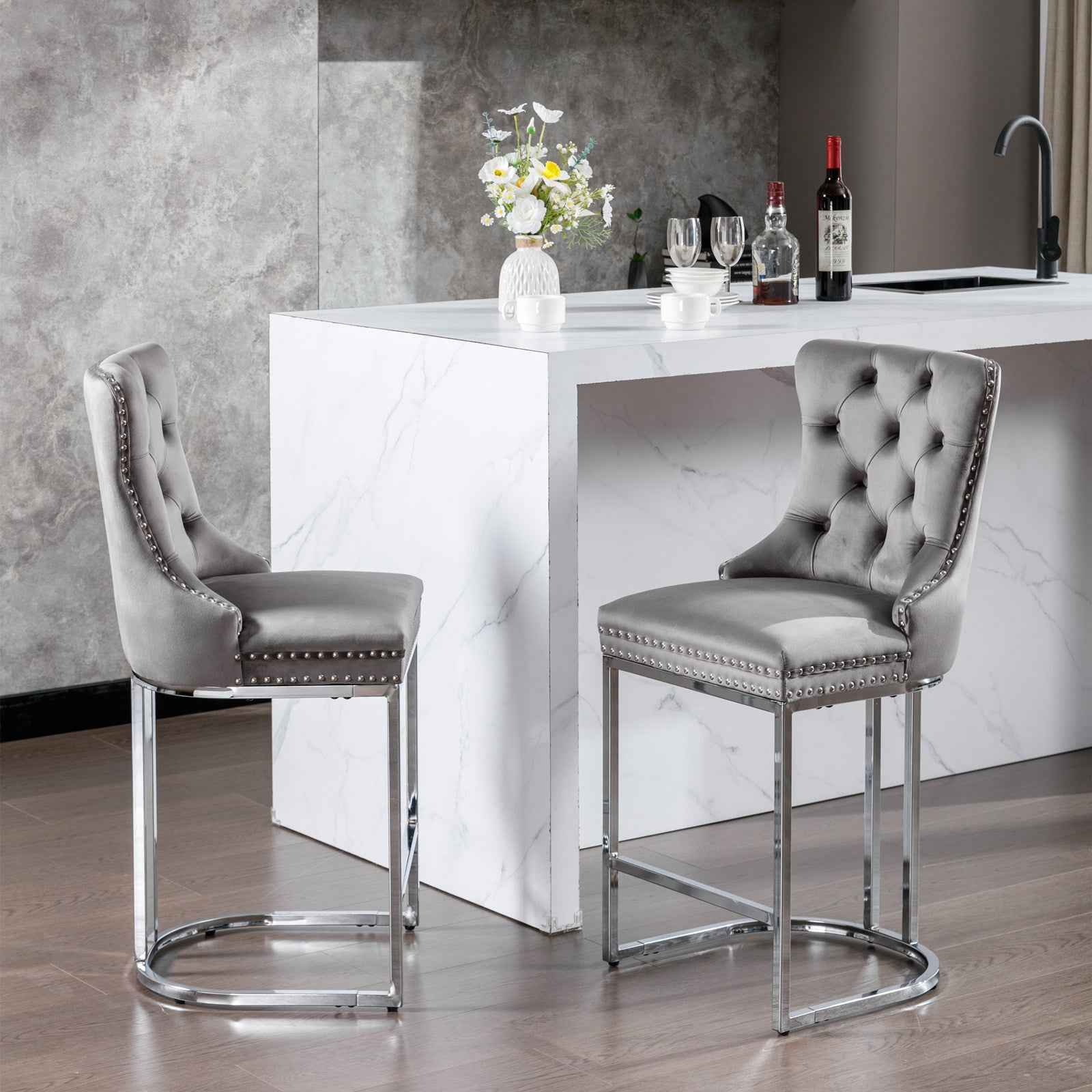 26' Counter Height Bar Stools Set of 2, Modern Velvet Barstools with Button Back&Rivet Trim Upholstered Kitchen Island Chairs with Sturdy Chromed Metal Base Legs Farmhouse Bar Stools, (Gray,2 Pack)