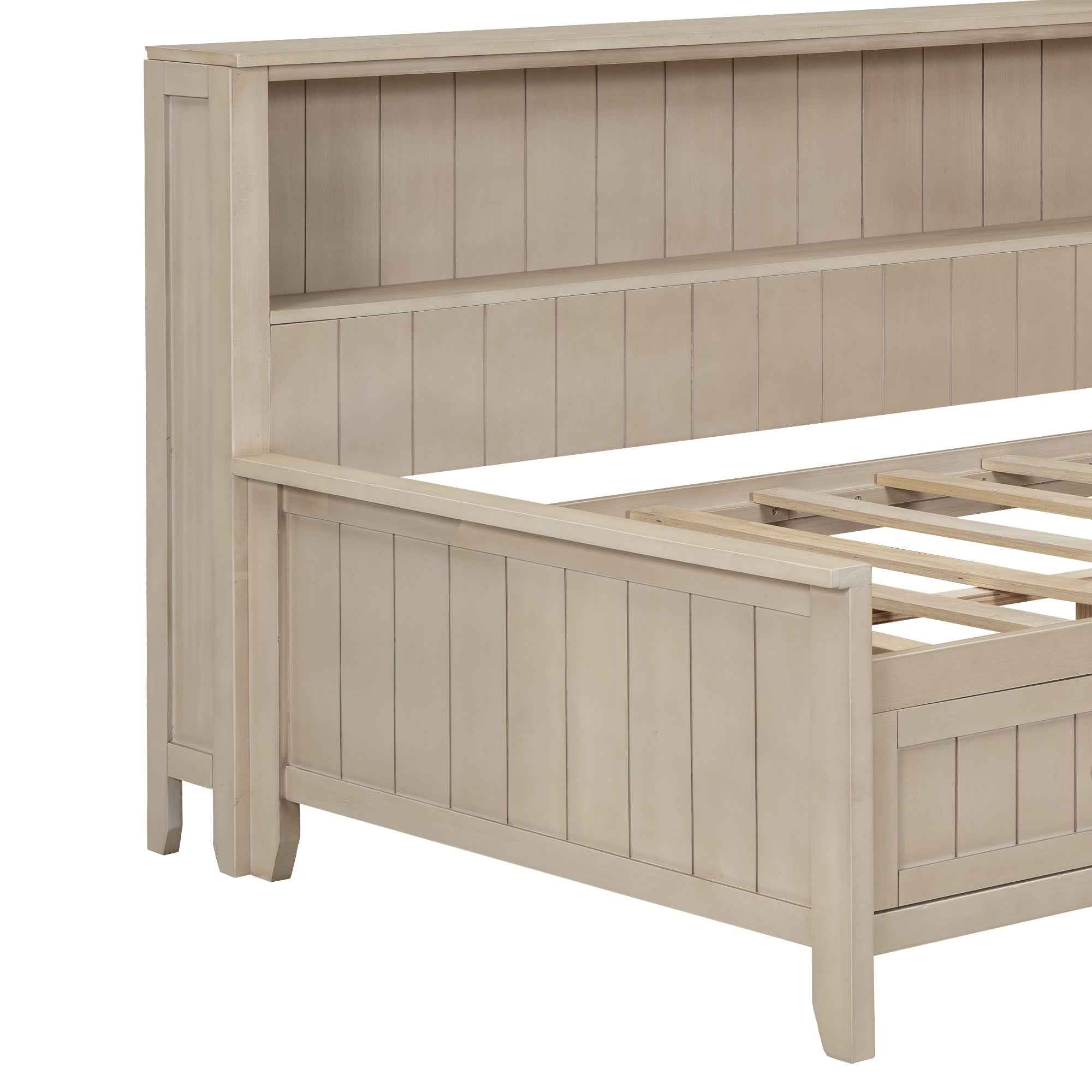 Twin Size Wood Daybed with Storage Shelves and 3 Drawers in Antique White Milk Finish, Solid Pine Wood and MDF