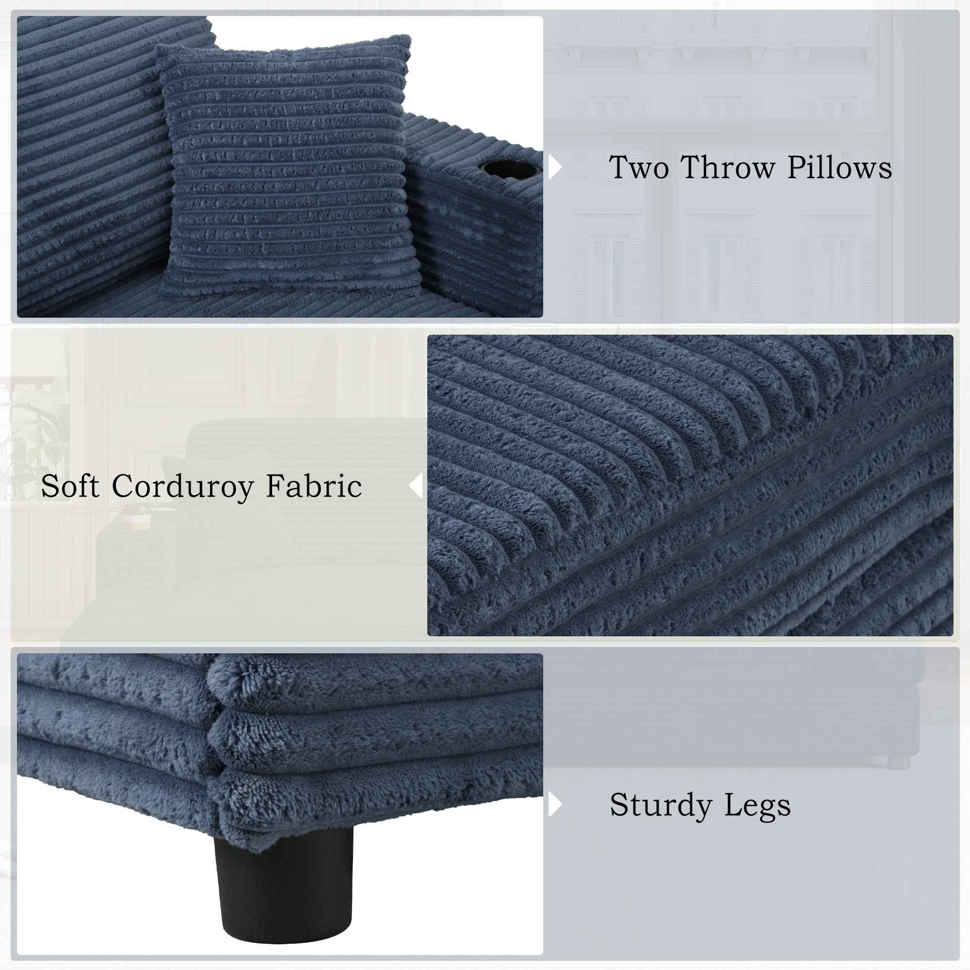Oversized Loveseat Chaise Lounge Sectional Sofa Bed with USB Ports, Cup Holders, and Throw Pillows, Blue Corduroy