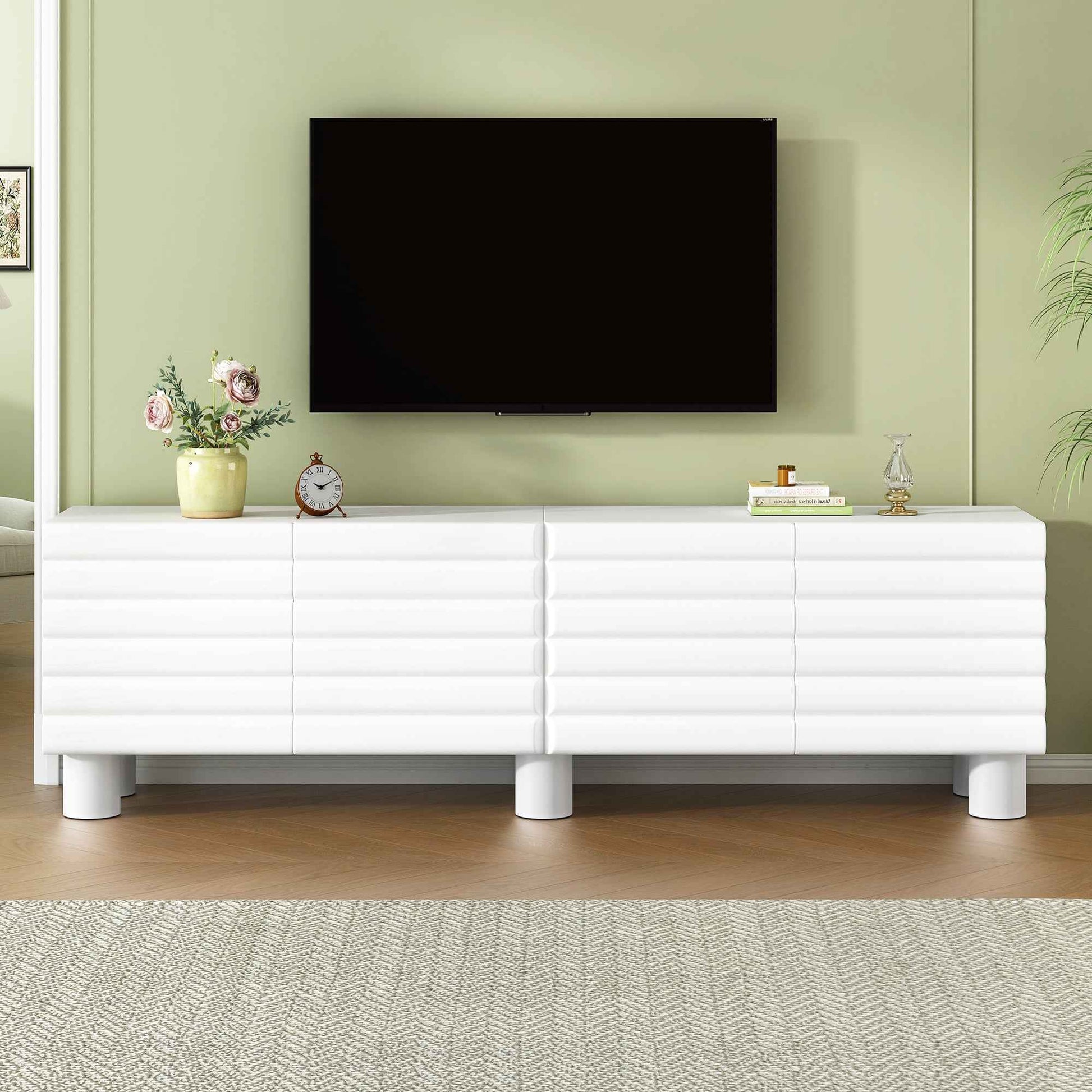 Stylish Thick Wavy Door TV Cabinet with Adjustable Shelves, Cream Style TV Stand with 4 Cabinets for TVs Up to 75', Solid Media Console with Cylindrical Legs and Cable Holes for Living Room, White
