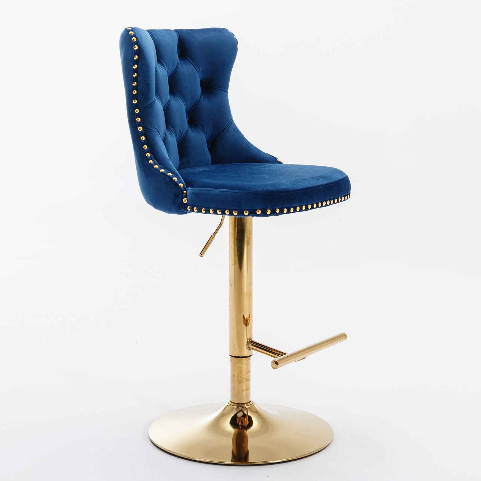 A&A Furniture,Golden Swivel Velvet Barstools Adjusatble Seat Height from 25-33 Inch, Modern Upholstered Bar Stools with Backs Comfortable Tufted for Home Pub and Kitchen Island,Blue,Set of 2