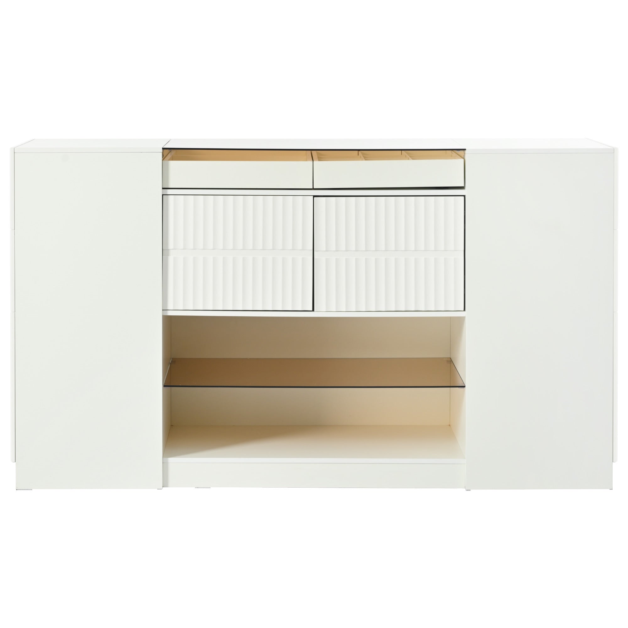Modern Luxury Multi-Functional Island Vanity Dresser and Storage Cabinet with Glass Tabletop, Display Shelf, 6 Drawers, Cream White MDF