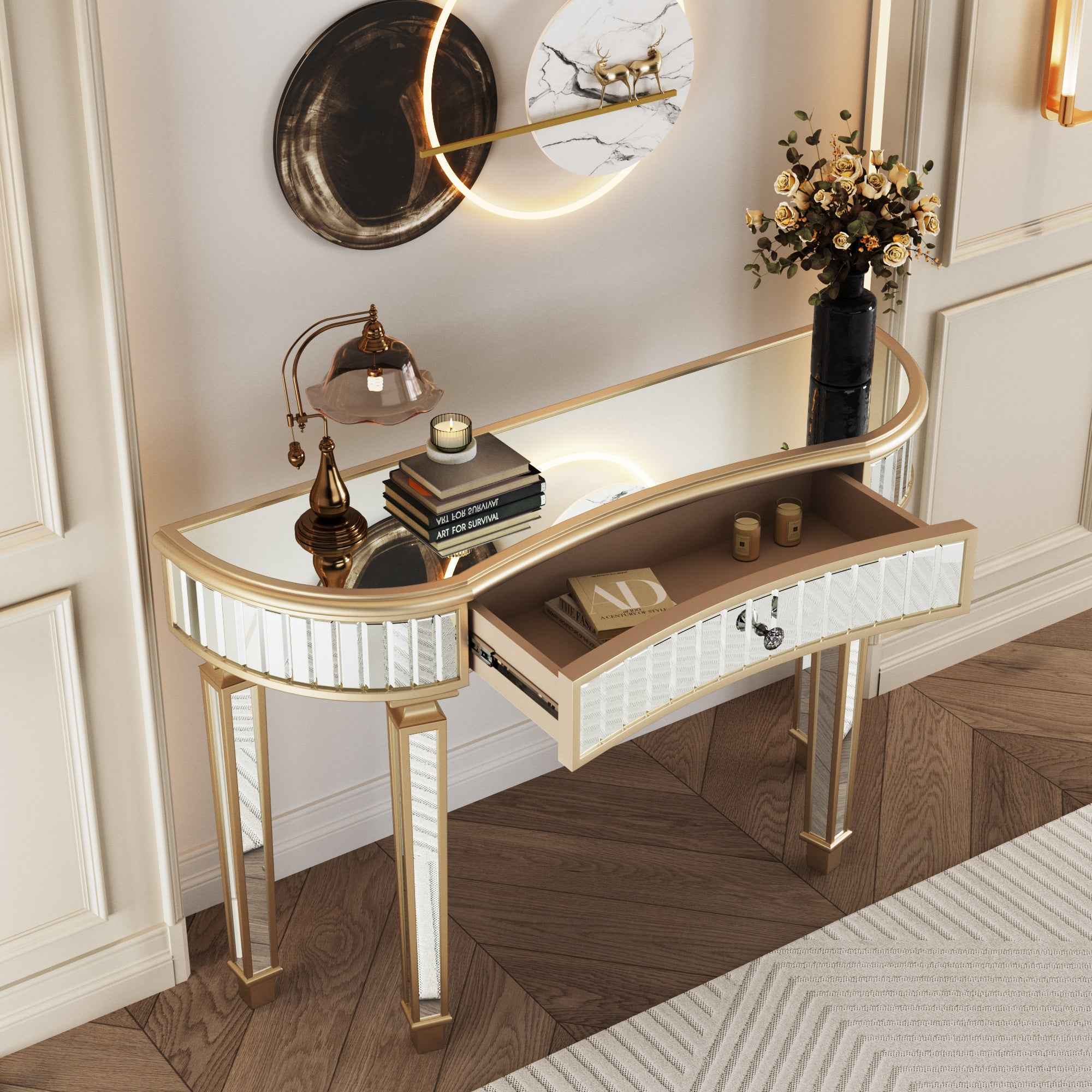 47' Half-Moon Mirrored Console Table with Fluted Glass & Crystal Knob Drawer - Silver Entryway Vanity Desk for Bedroom/Dressing Room(Gold+Sliver)