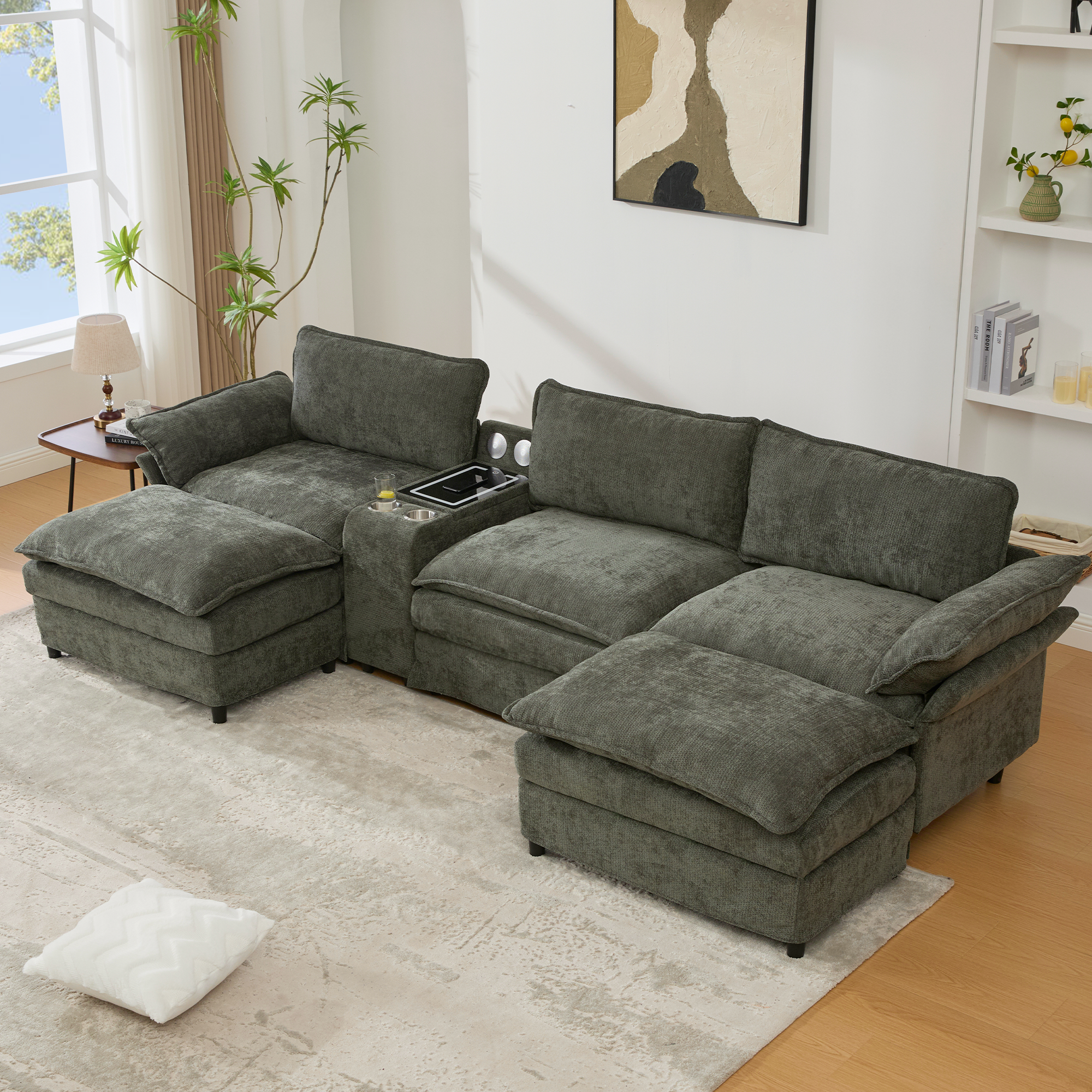 [NEW ARRIVED] [VIDEO PROVIDED]U Shaped Modular Sectional Sofa,Storage Console & Wireless Charging,2 Cup Holders,Bluetooth Speakers,2 Movable Footstools,Adjustable handrail,Movable seat,Chenille,Green