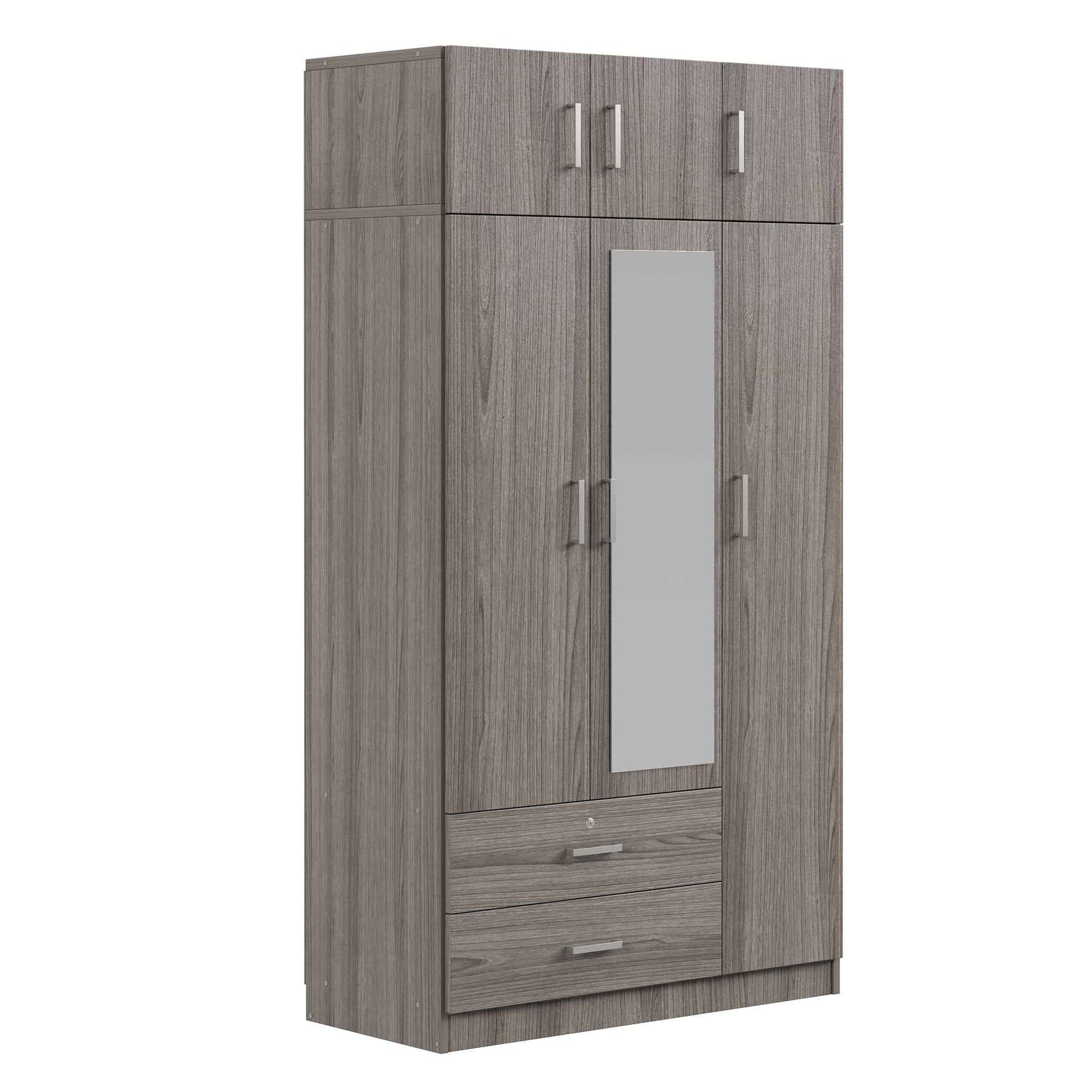 3-Door Mirror  Wardrobe with 2 Drawers and Top Cabinet,Gray