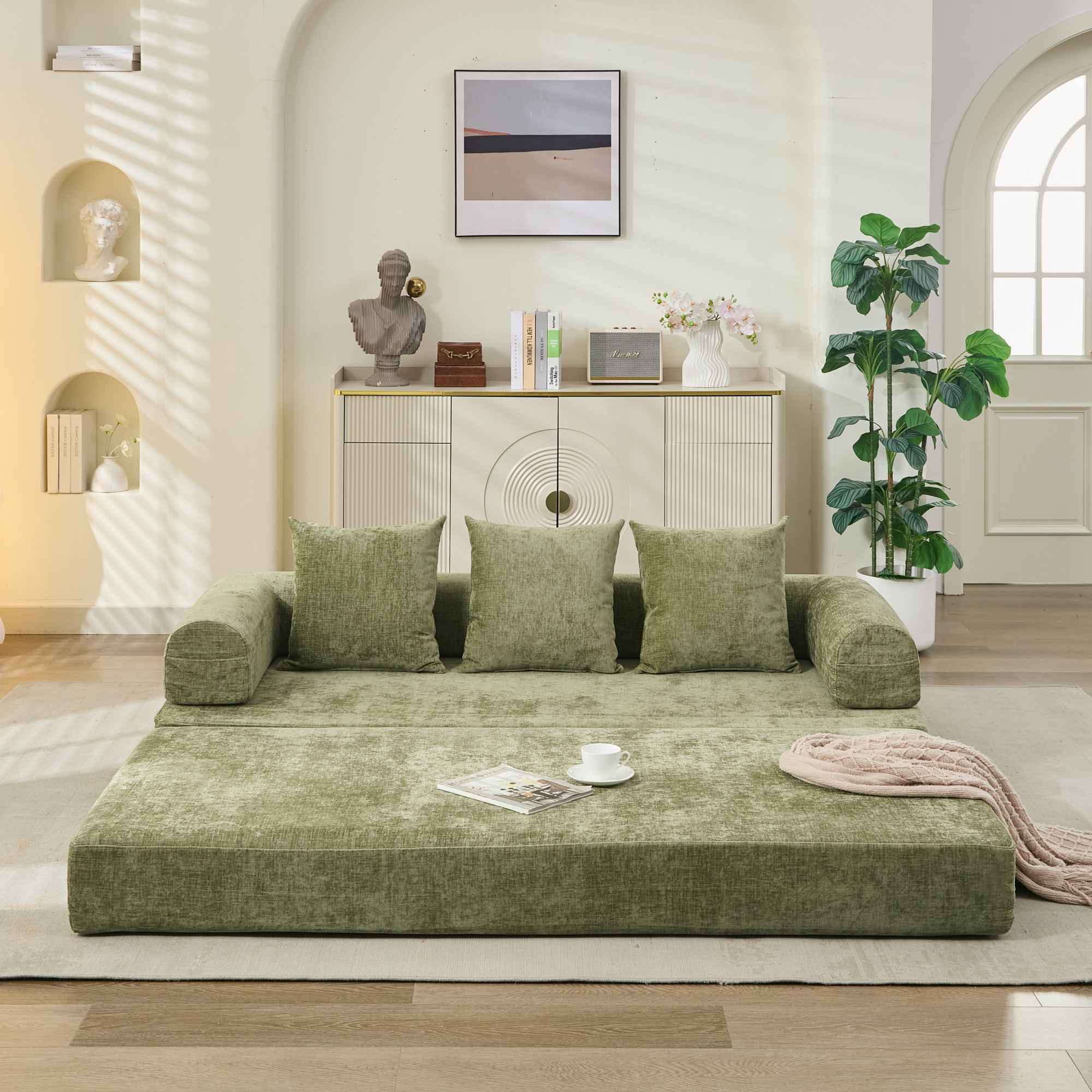 Comfy Convertible Folding Mattress Couch, Floor Sofa Bed, Chenille Floor Sofa with Armrest, Floor Sofa Lounge Couch for Living Room Bedroom Lounge Studio-Green