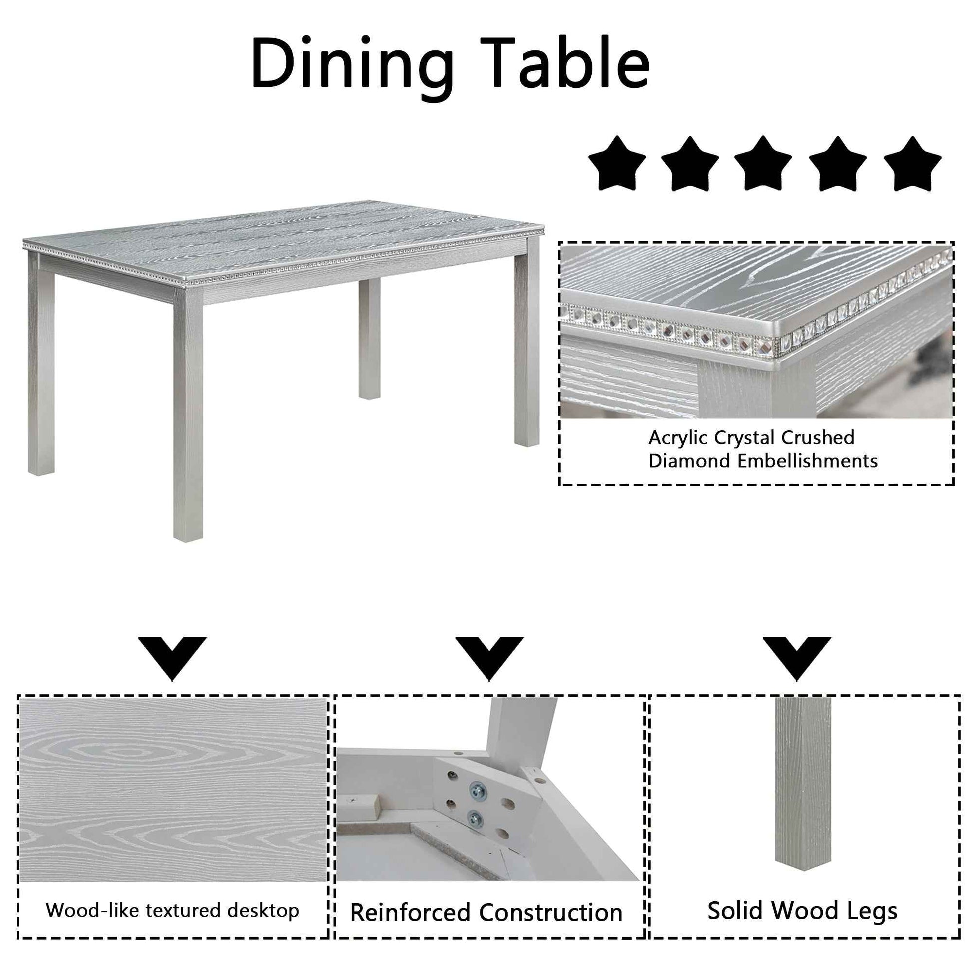 6 Piece Wooden Dining Table Set, Wooden Dining Table with 4 Upholstered Chairs and Bench for 6 People, Rectangular Dining Table Set with Crystal Decoration for Kitchen, Dining Room, Silver grey
