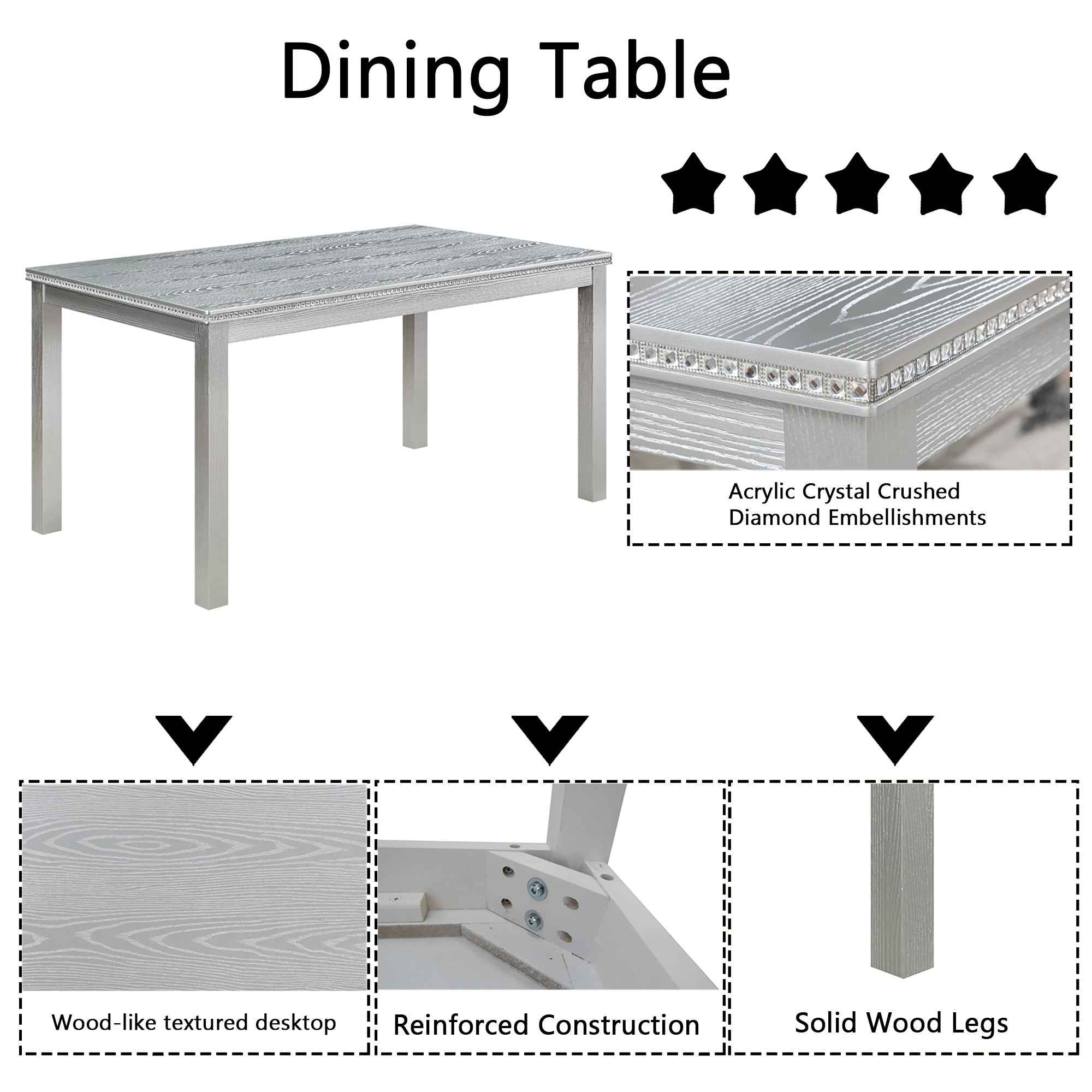 6 Piece Wooden Dining Table Set, Wooden Dining Table with 4 Upholstered Chairs and Bench for 6 People, Rectangular Dining Table Set with Crystal Decoration for Kitchen, Dining Room, Silver grey