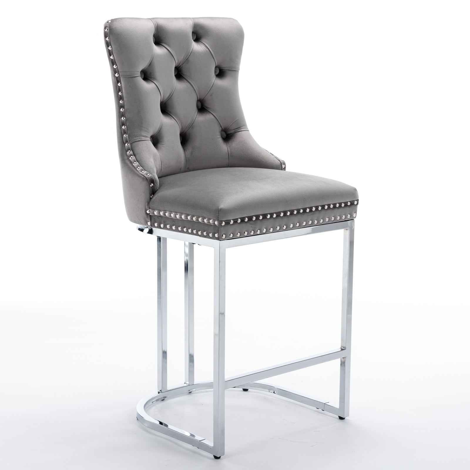 26' Counter Height Bar Stools Set of 2, Modern Velvet Barstools with Button Back&Rivet Trim Upholstered Kitchen Island Chairs with Sturdy Chromed Metal Base Legs Farmhouse Bar Stools, (Gray,2 Pack)