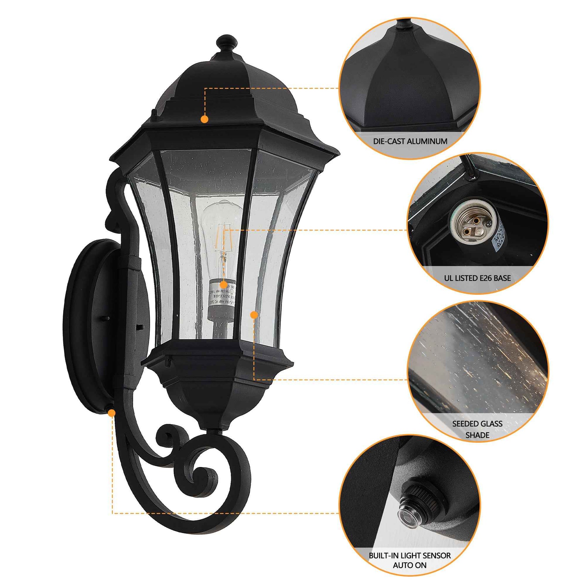 27'(H) 1-Pack Outdoor Wall Lantern with Dusk to Dawn Sensor, Black Weatherrproof Exterior Light Fixture with Clear Bubble Glass, Vintage Wall Sconce for Porch, Patio, Entryway, and Garage (No Bulb)