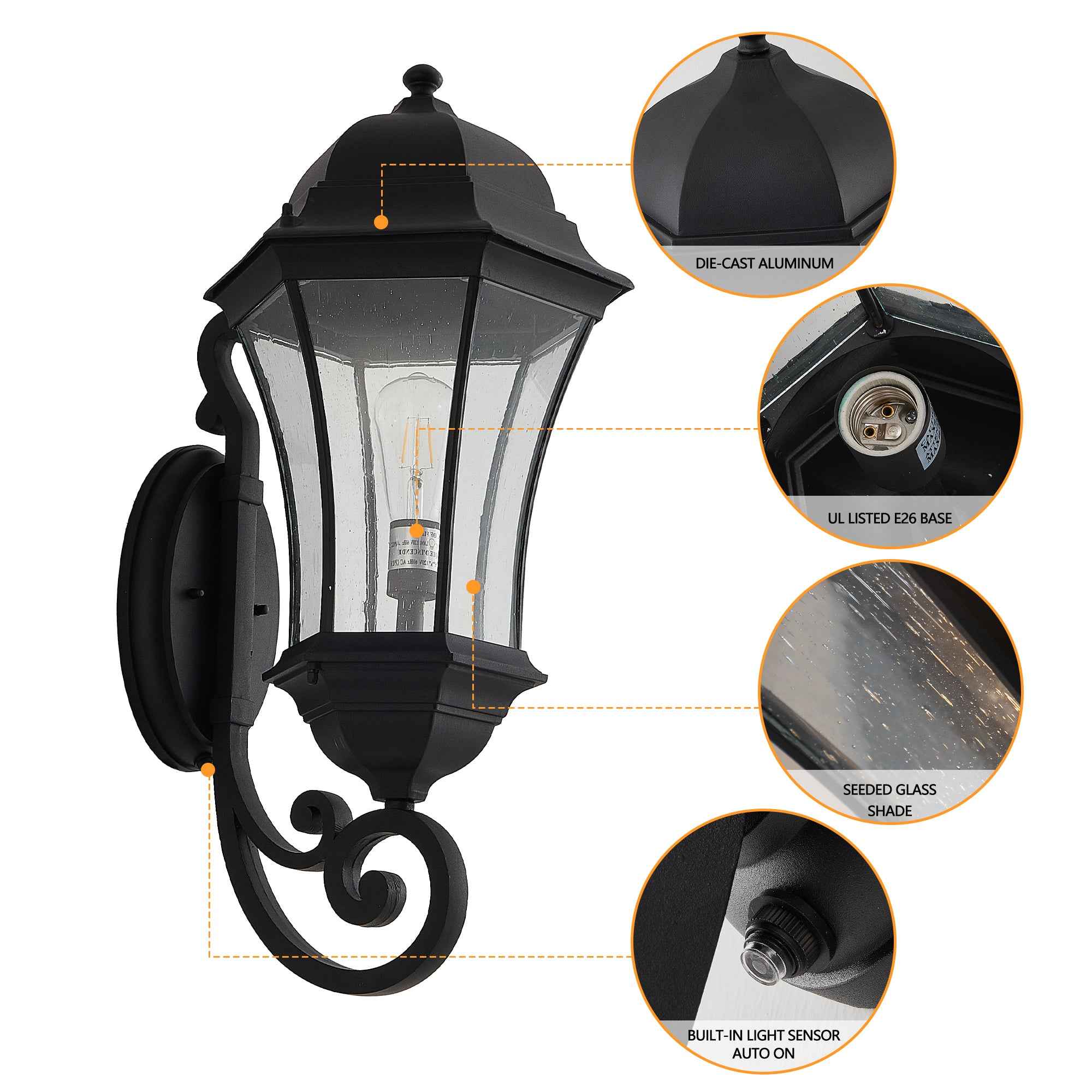 27'(H) 1-Pack Outdoor Wall Lantern with Dusk to Dawn Sensor, Black Weatherrproof Exterior Light Fixture with Clear Bubble Glass, Vintage Wall Sconce for Porch, Patio, Entryway, and Garage (No Bulb)